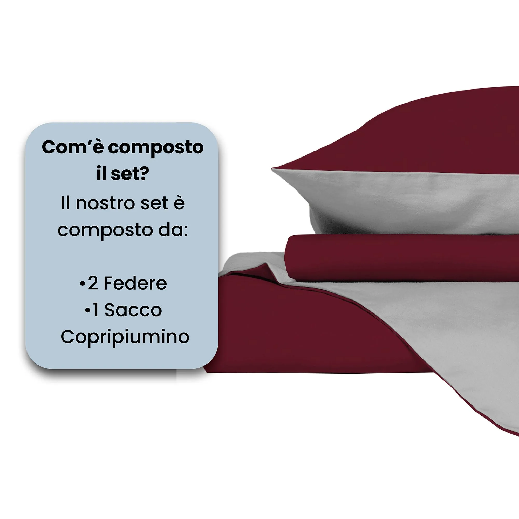 Italian Bed Linen Set Copripiumino 100% Cotone, Matrimoniale, 250x200 cm, Bordeaux/Grigio Chiaro - immagine 4