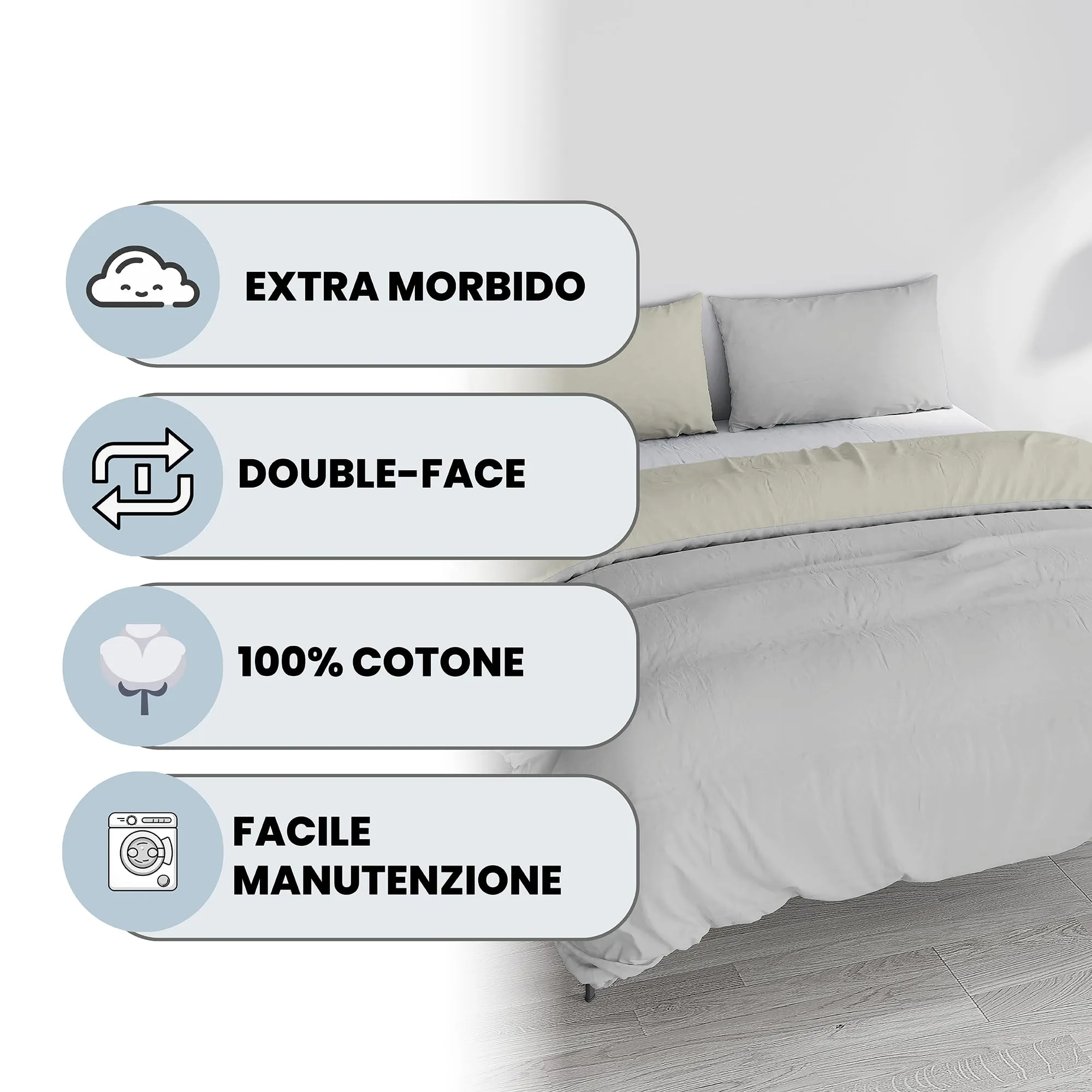Italian Bed Linen Set Copripiumino 100% Cotone, Matrimoniale, 250x200 cm, Grigio Chiaro/Panna - immagine 2