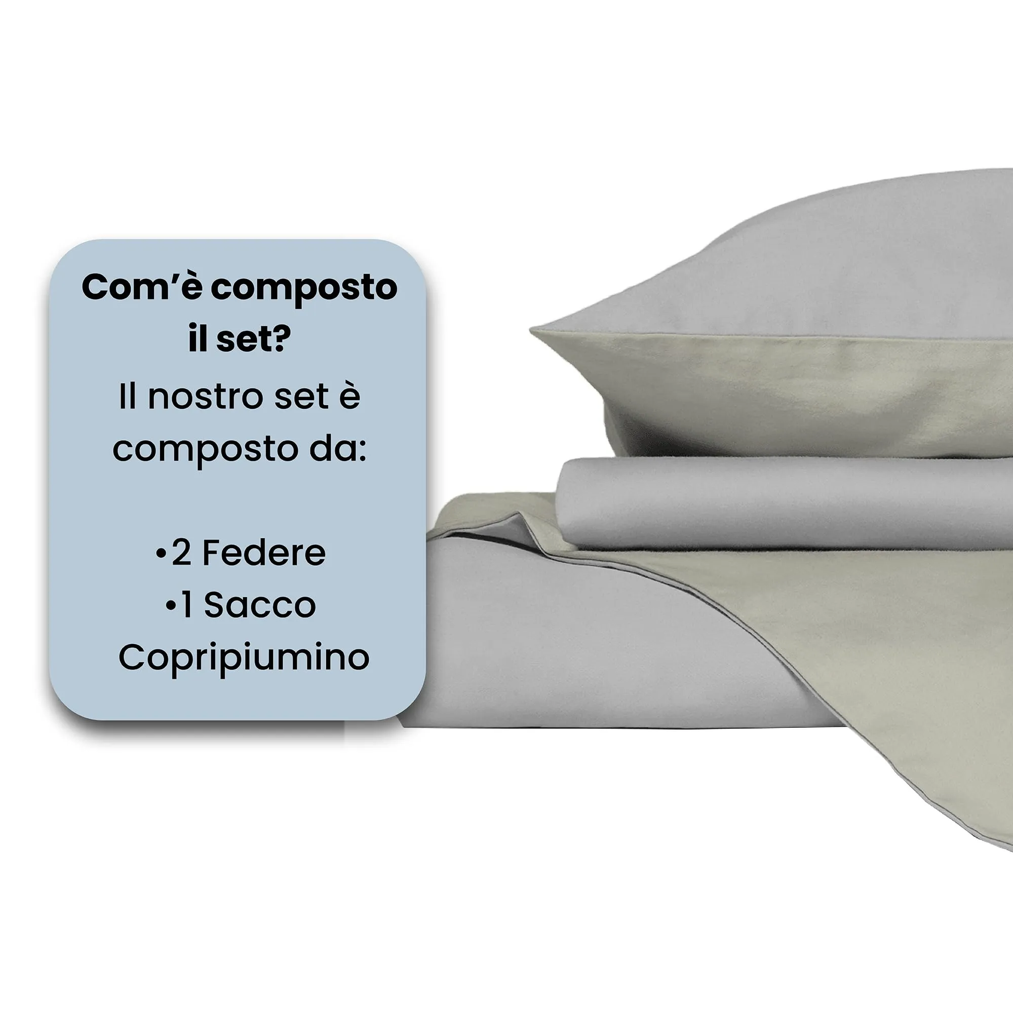 Italian Bed Linen Set Copripiumino 100% Cotone, Matrimoniale, 250x200 cm, Grigio Chiaro/Panna - immagine 4