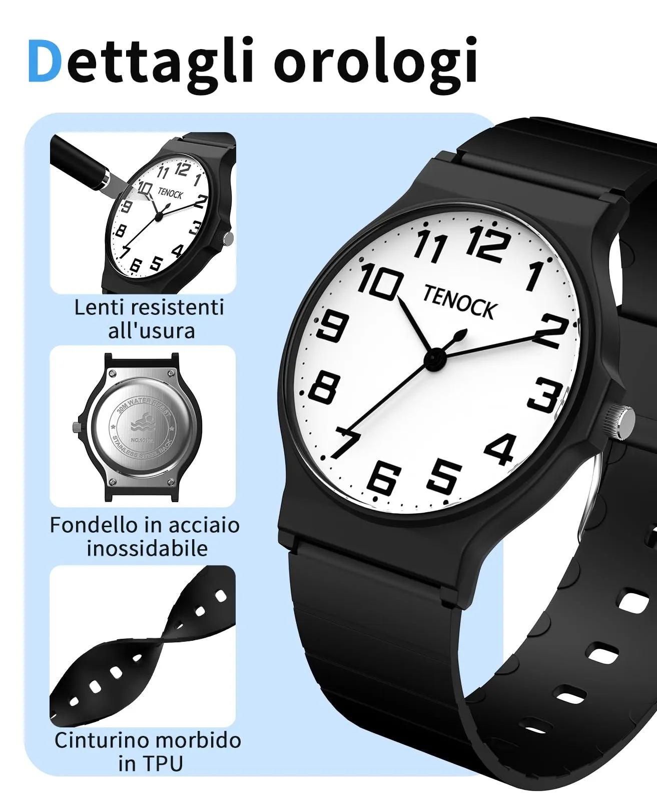 TENOCK Orologio analogico per bambini TEN-1010L, impermeabile 3ATM, cinturino in silicone, 5-15 anni - immagine 2