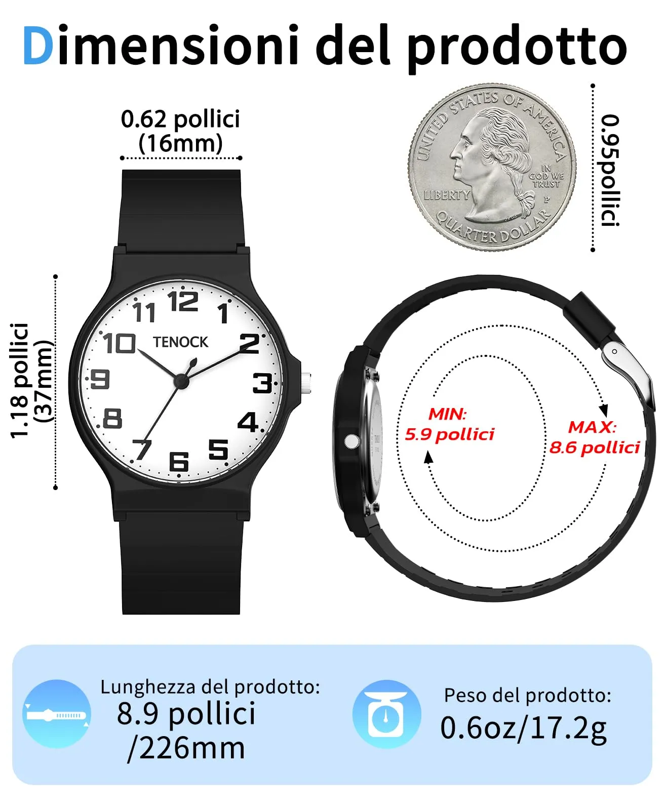 TENOCK Orologio analogico per bambini TEN-1010L, impermeabile 3ATM, cinturino in silicone, 5-15 anni - immagine 4