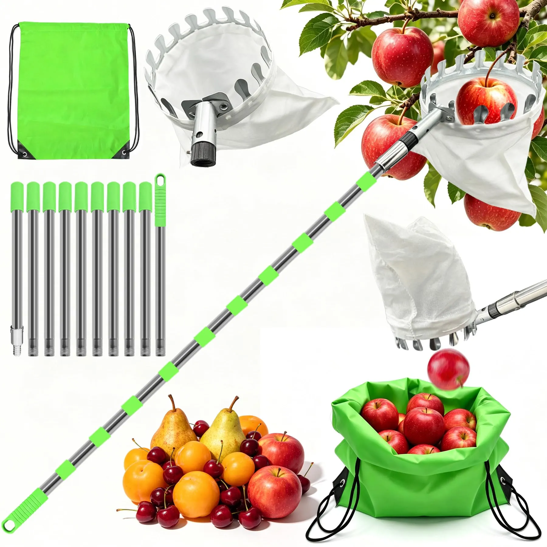 TZEKING Raccoglifrutta Telescopico 4,2m in Acciaio Inox con Borsa in Cotone e Zaino, Diametro 16 cm - immagine 1