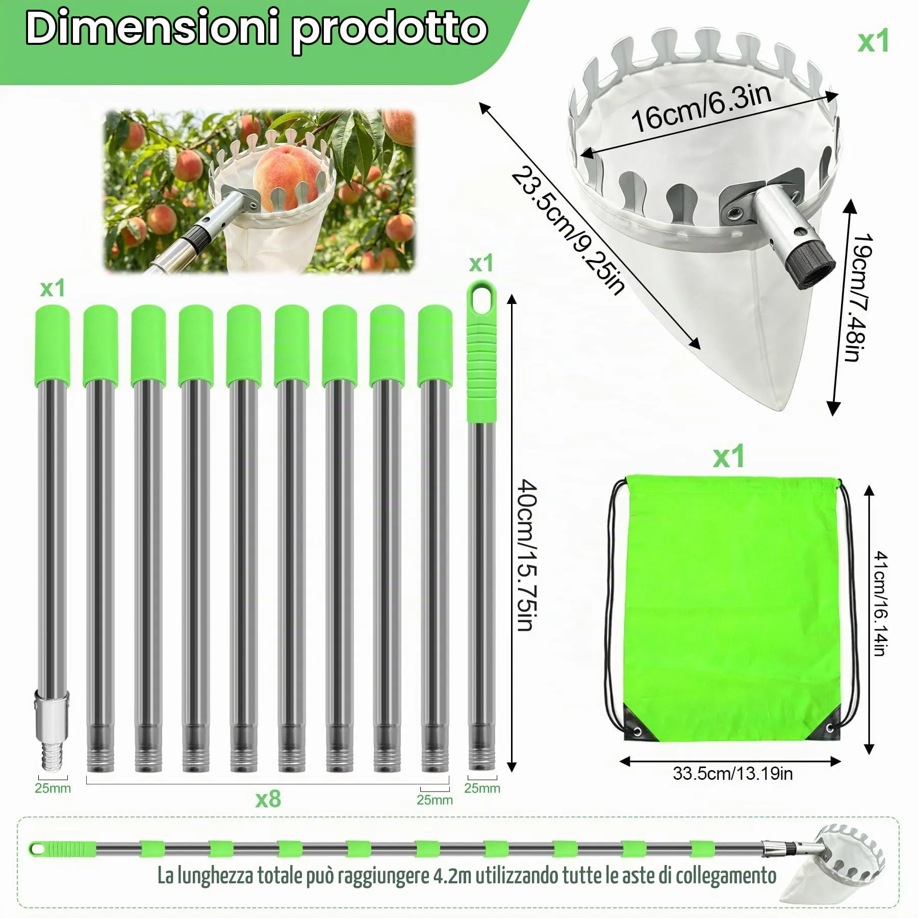 TZEKING Raccoglifrutta Telescopico 4,2m in Acciaio Inox con Borsa in Cotone e Zaino, Diametro 16 cm - immagine 2
