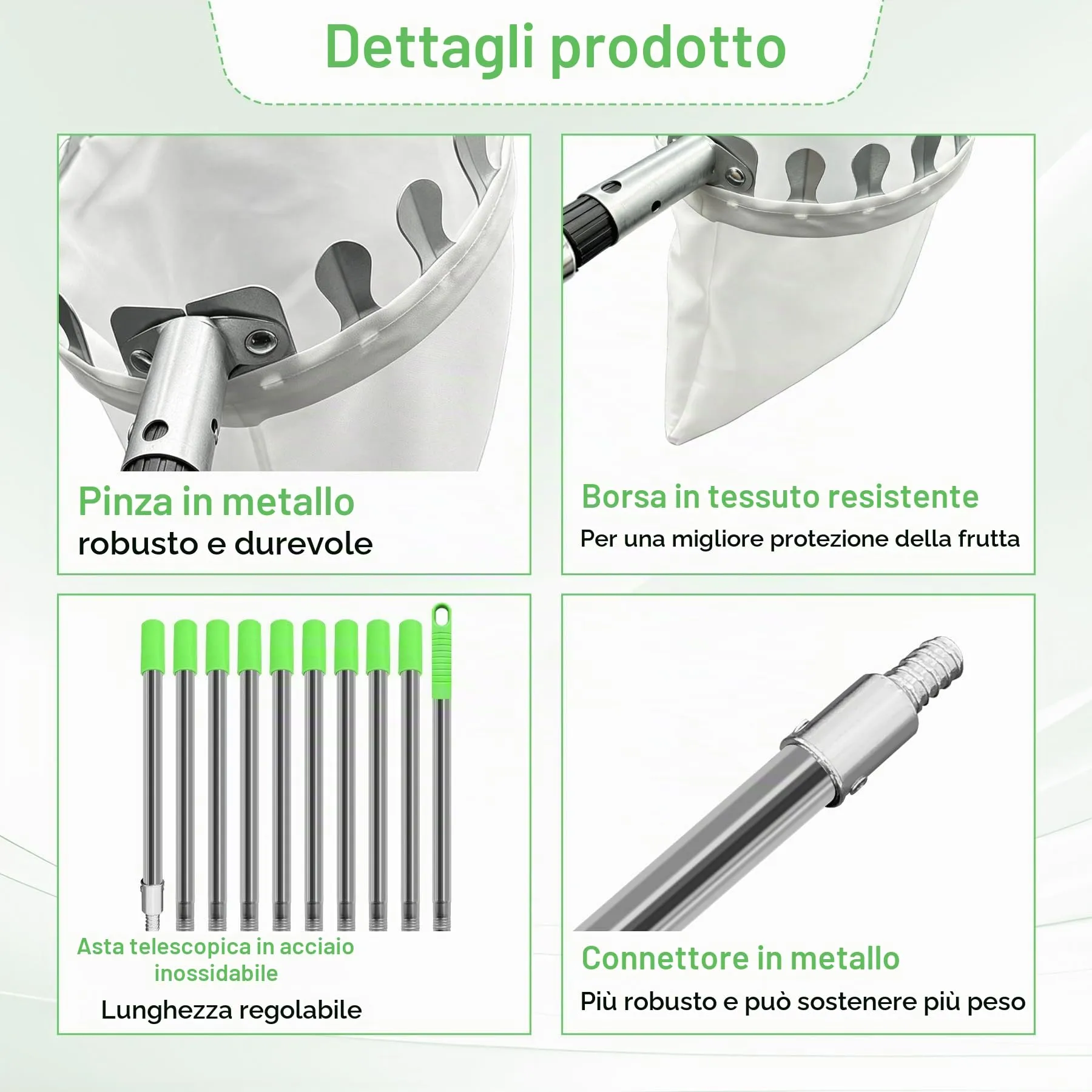 TZEKING Raccoglifrutta Telescopico 4,2m in Acciaio Inox con Borsa in Cotone e Zaino, Diametro 16 cm - immagine 4