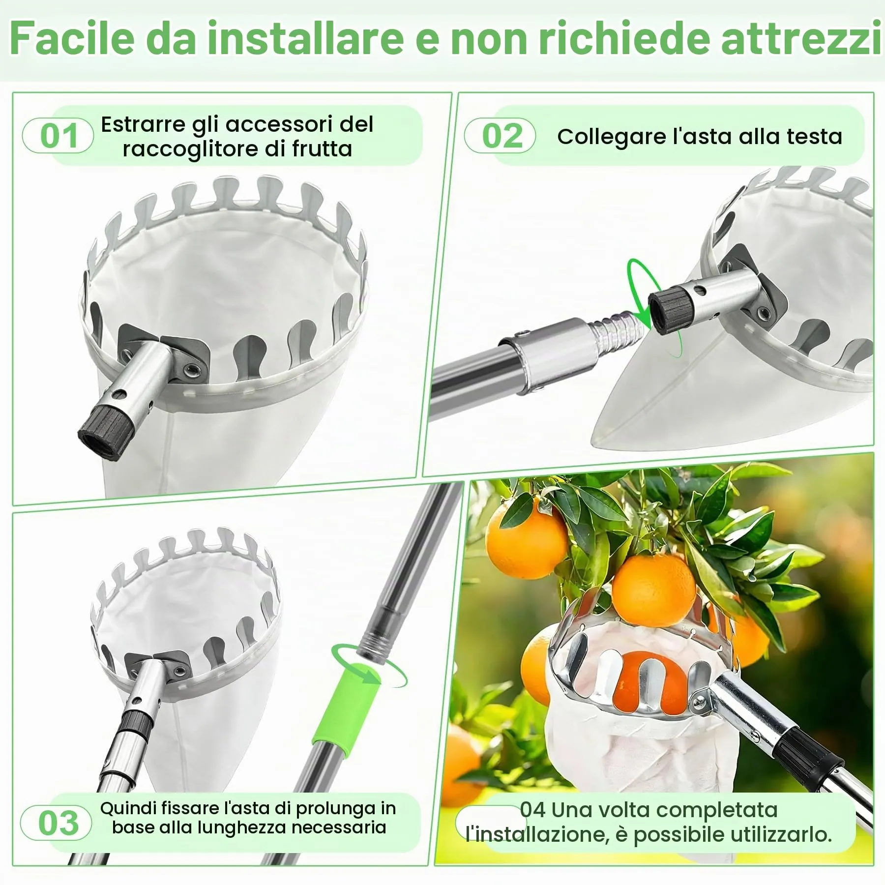 TZEKING Raccoglifrutta Telescopico 4,2m in Acciaio Inox con Borsa in Cotone e Zaino, Diametro 16 cm - immagine 7