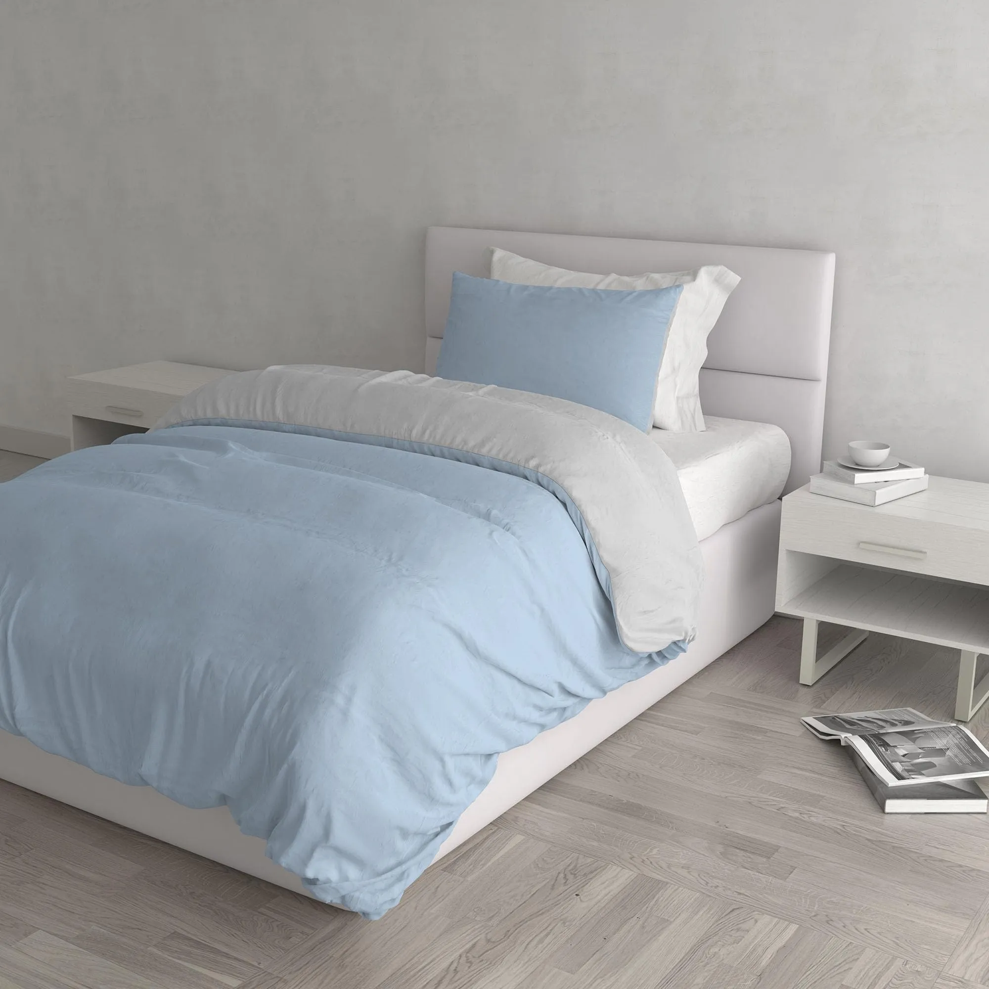 Italian Bed Linen Set Copripiumino 100% Cotone, Singolo, 150x200 cm, Azzurro/Grigio Chiaro - immagine 1