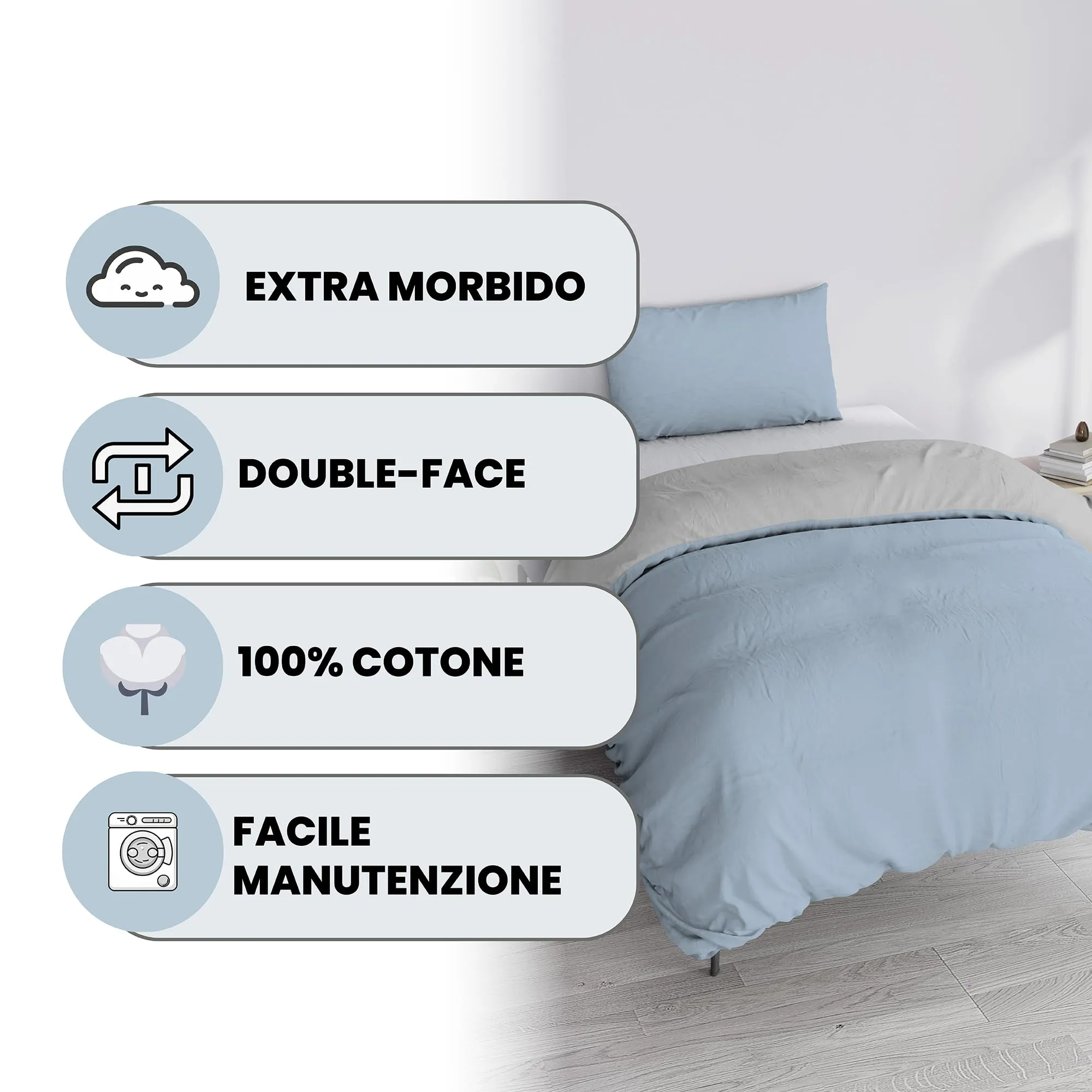 Italian Bed Linen Set Copripiumino 100% Cotone, Singolo, 150x200 cm, Azzurro/Grigio Chiaro - immagine 2