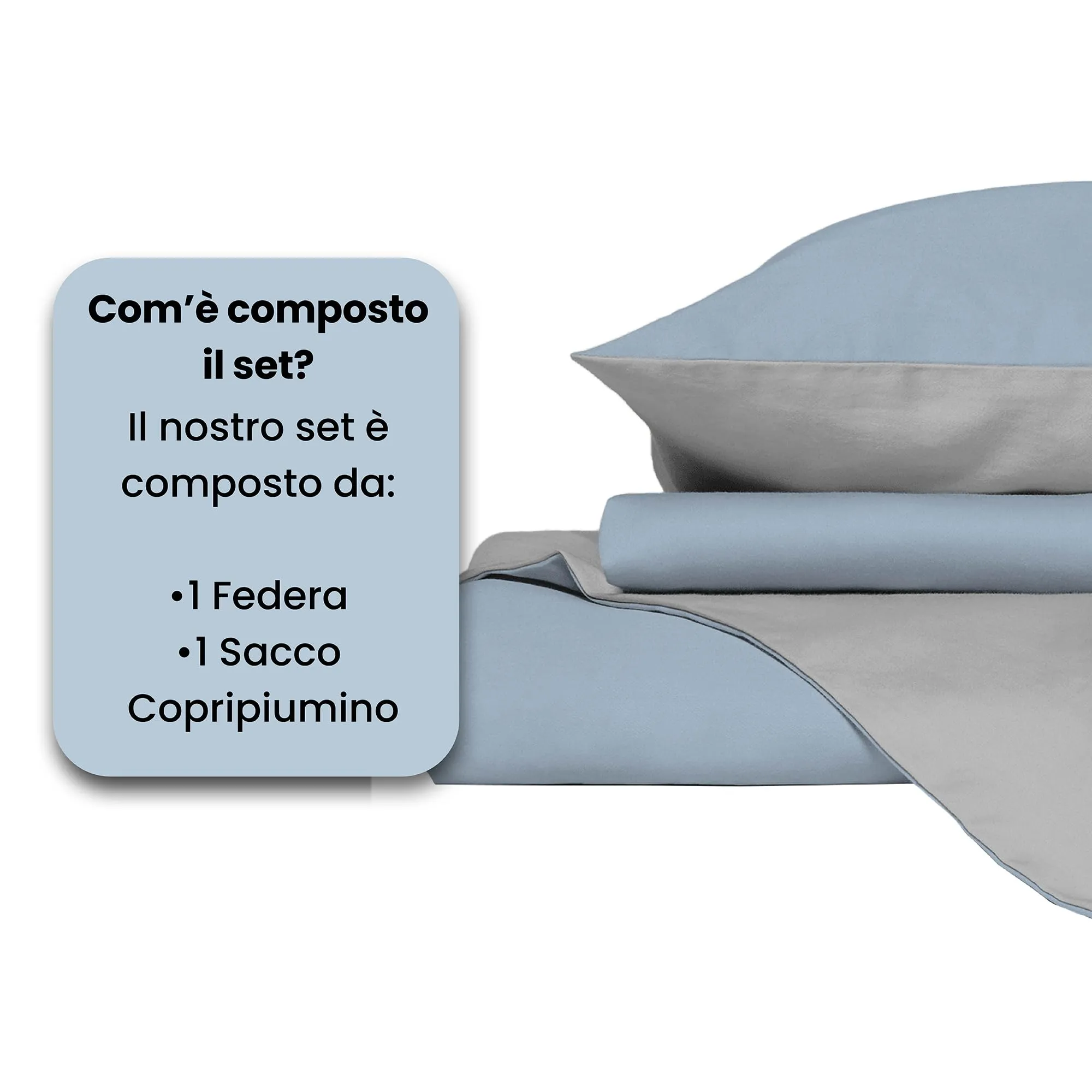Italian Bed Linen Set Copripiumino 100% Cotone, Singolo, 150x200 cm, Azzurro/Grigio Chiaro - immagine 4