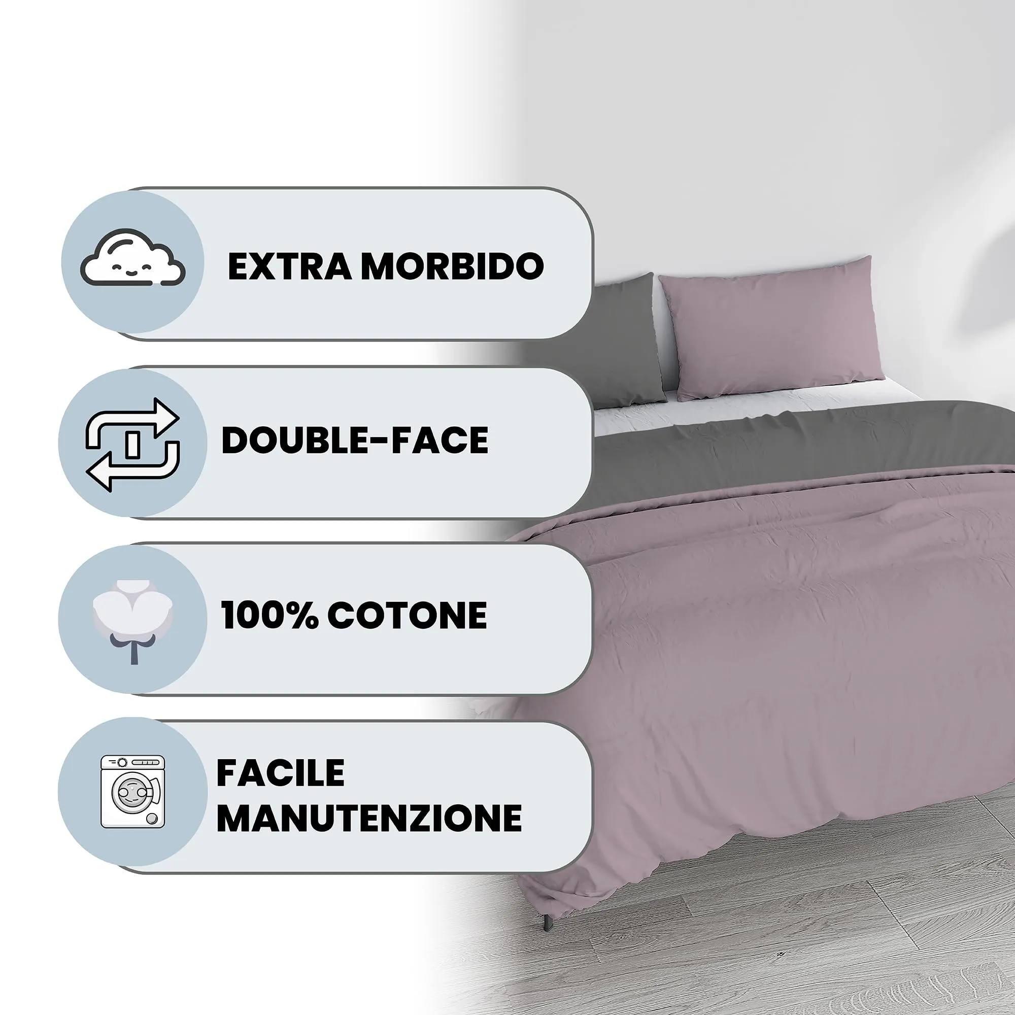 Italian Bed Linen Set Copripiumino 100% Cotone, Matrimoniale, 250x200 cm, Rosa Antico/Grigio Scuro - immagine 2