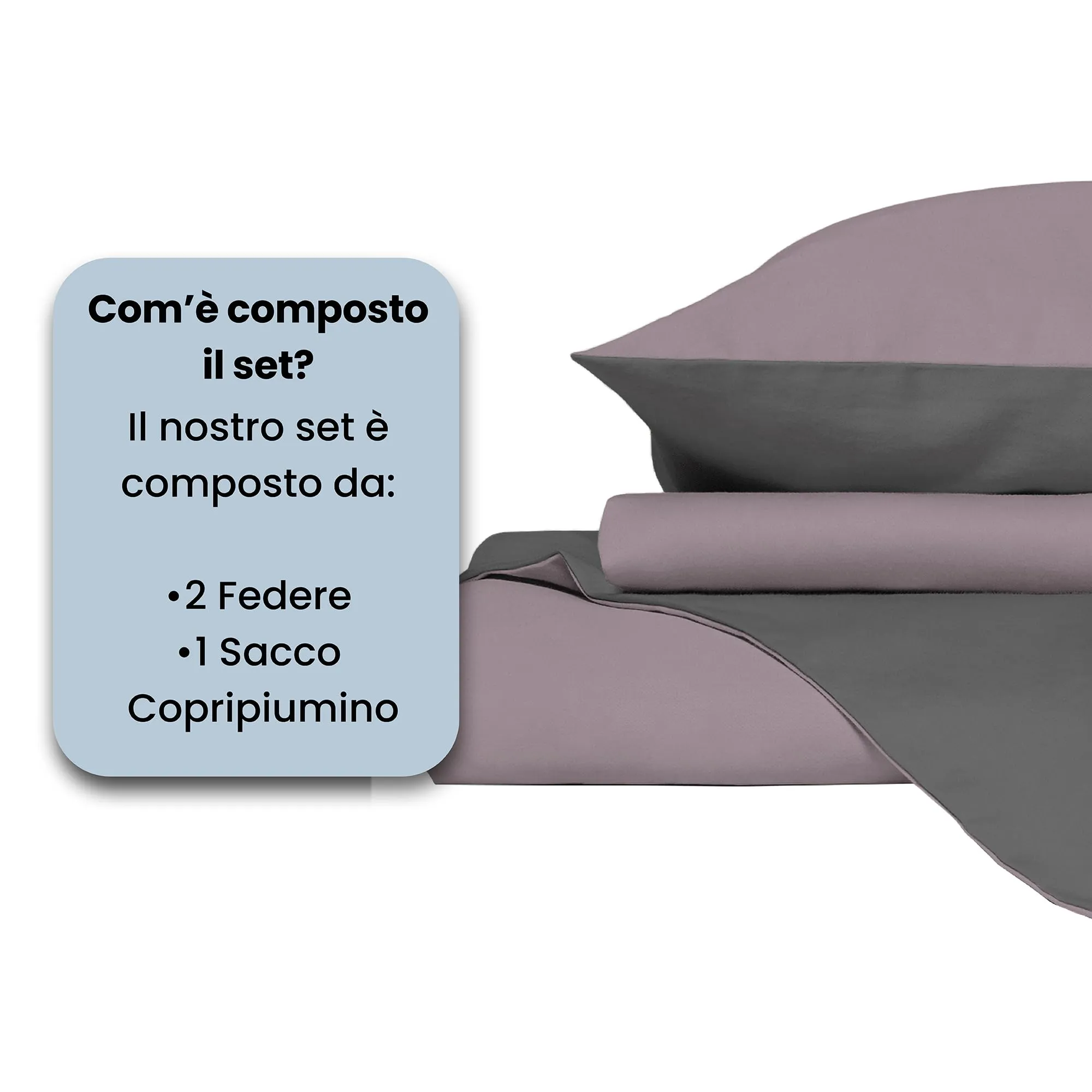 Italian Bed Linen Set Copripiumino 100% Cotone, Matrimoniale, 250x200 cm, Rosa Antico/Grigio Scuro - immagine 4