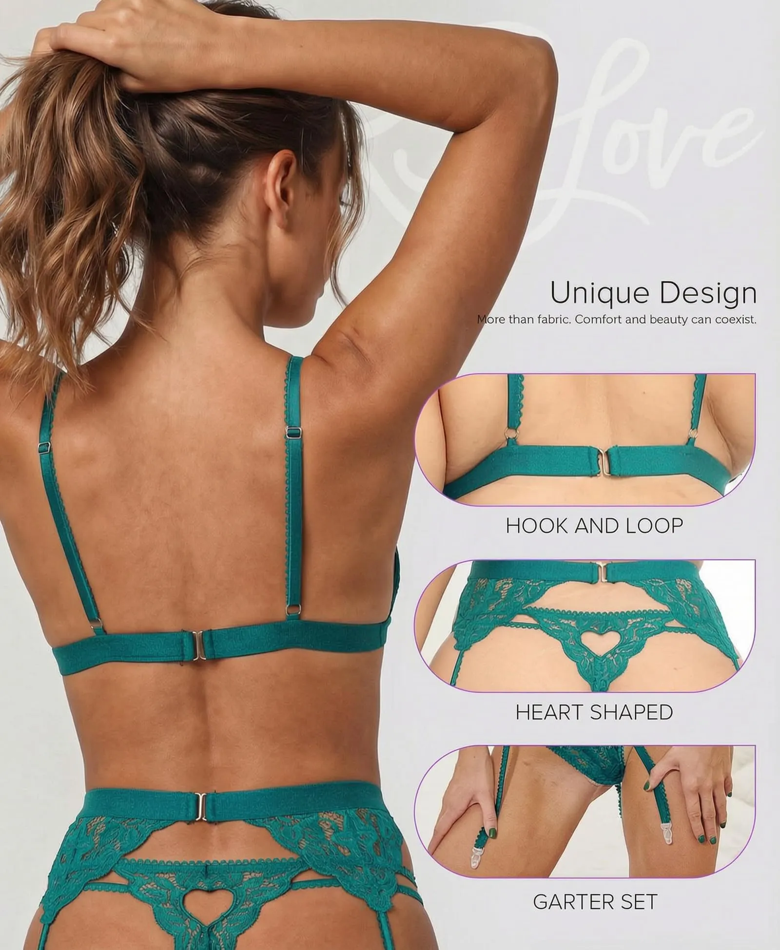 RSLOVE Completo Intimo Donna con Reggicalze Body in Pizzo Teddy Babydoll Azzurro M - immagine 4
