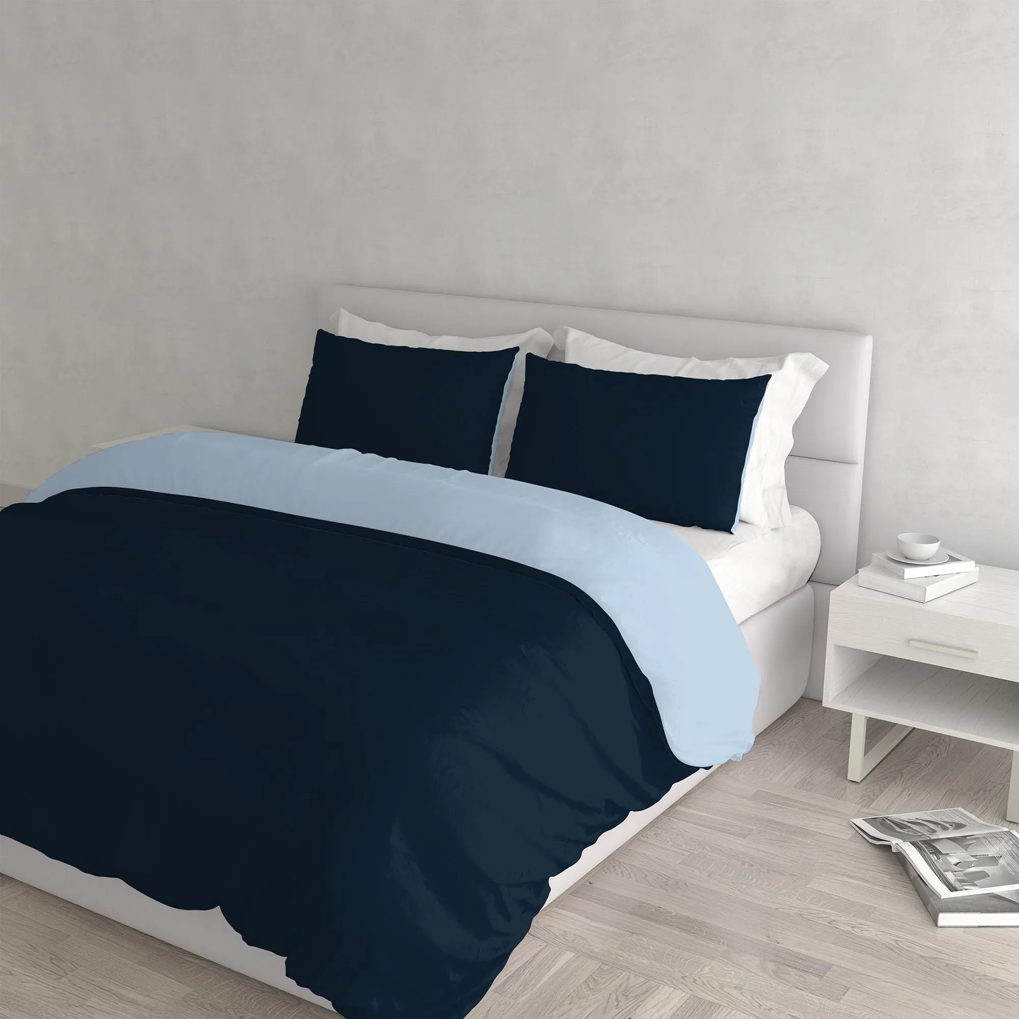 Italian Bed Linen Set Copripiumino 100% Cotone Matrimoniale 250x200 cm, Blu Scuro/Azzurro - immagine 1