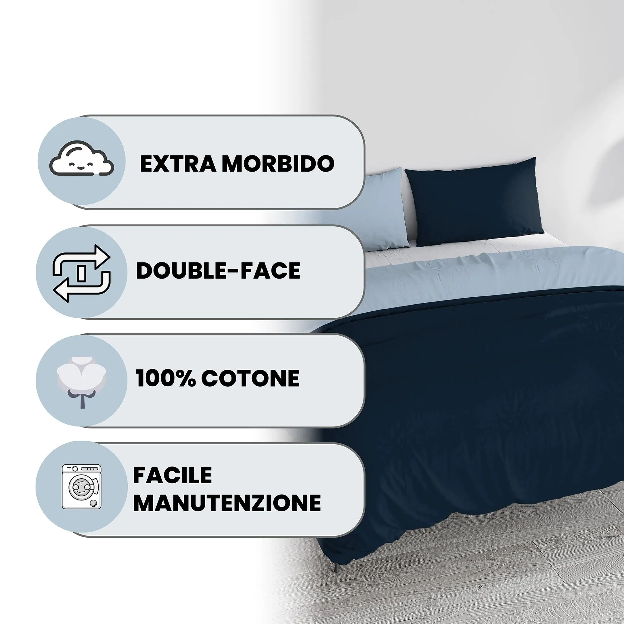 Italian Bed Linen Set Copripiumino 100% Cotone Matrimoniale 250x200 cm, Blu Scuro/Azzurro - immagine 2