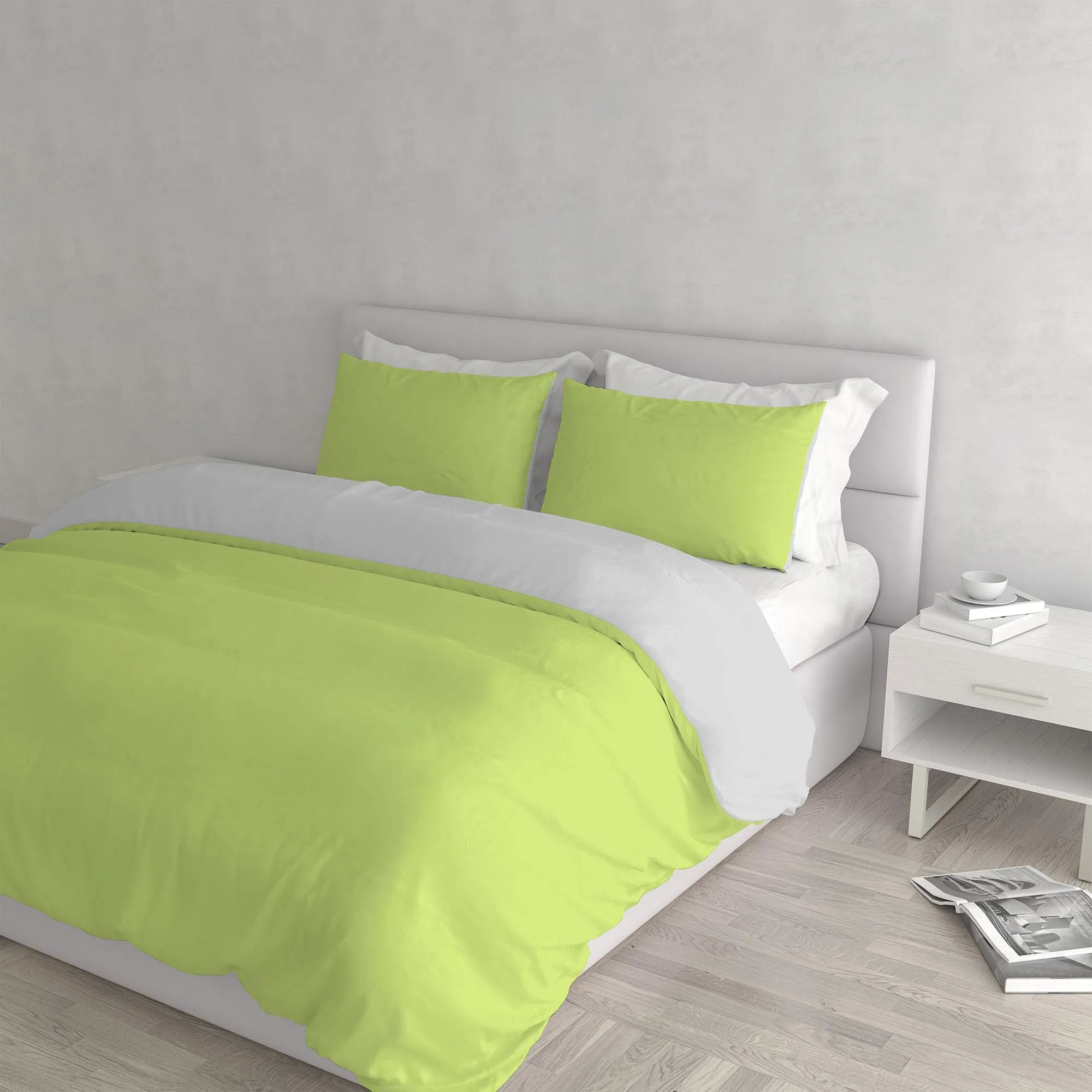 Italian Bed Linen Set Copripiumino 100% Cotone Natural Color, Matrimoniale, 250x200 cm, Verde Acido/Grigio Chiaro - immagine 1