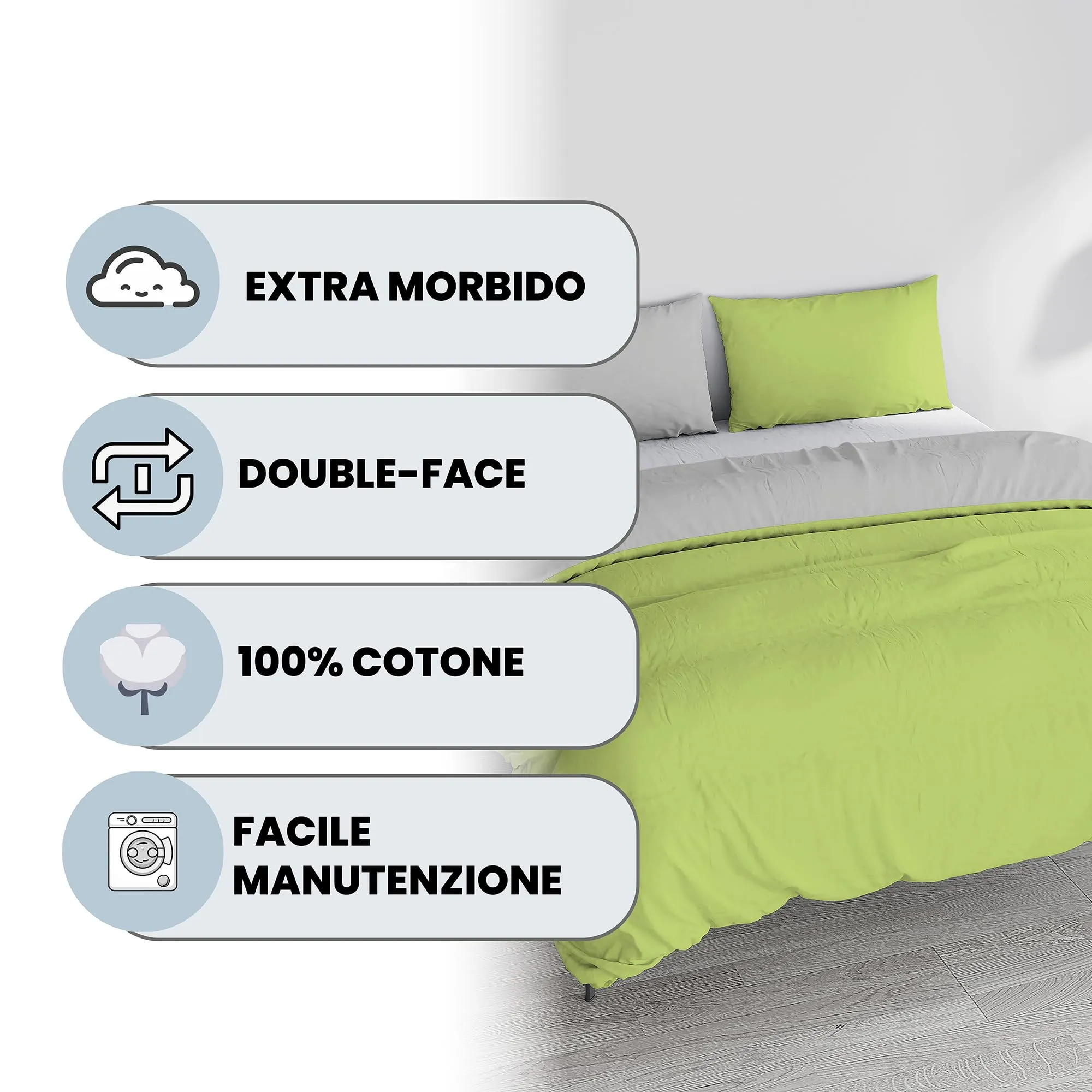 Italian Bed Linen Set Copripiumino 100% Cotone Natural Color, Matrimoniale, 250x200 cm, Verde Acido/Grigio Chiaro - immagine 2