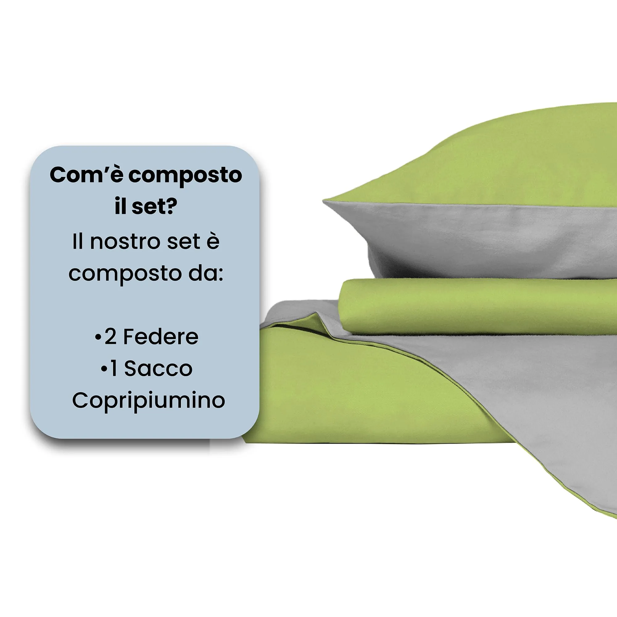 Italian Bed Linen Set Copripiumino 100% Cotone Natural Color, Matrimoniale, 250x200 cm, Verde Acido/Grigio Chiaro - immagine 4