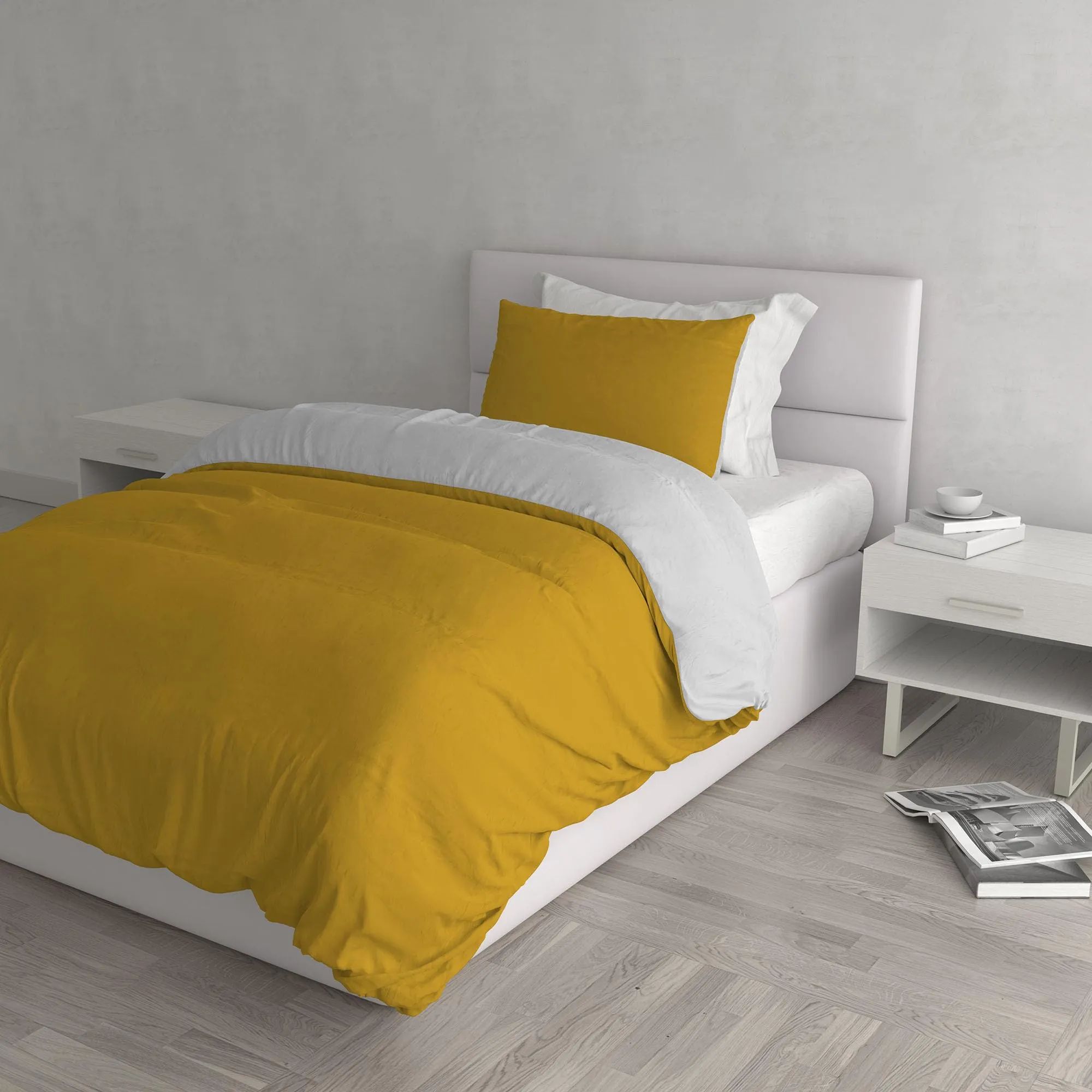Italian Bed Linen Set Copripiumino 100% Cotone, Piazza e Mezza, 200x200 cm, Senape/Grigio Chiaro - immagine 1