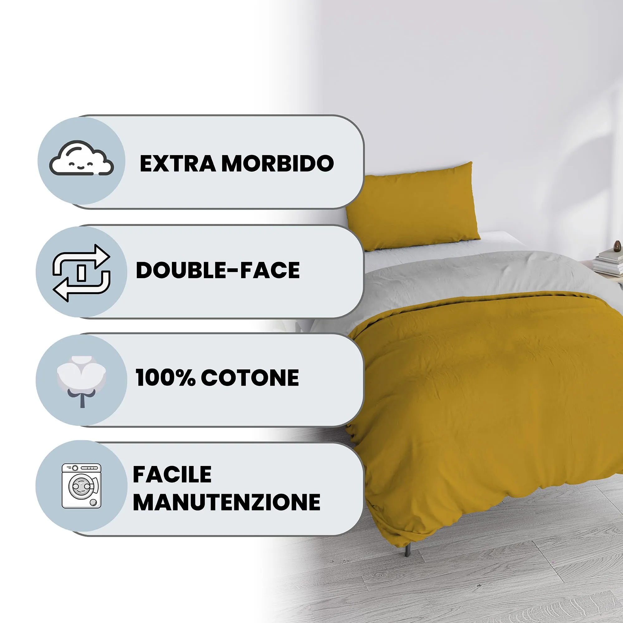 Italian Bed Linen Set Copripiumino 100% Cotone, Piazza e Mezza, 200x200 cm, Senape/Grigio Chiaro - immagine 2
