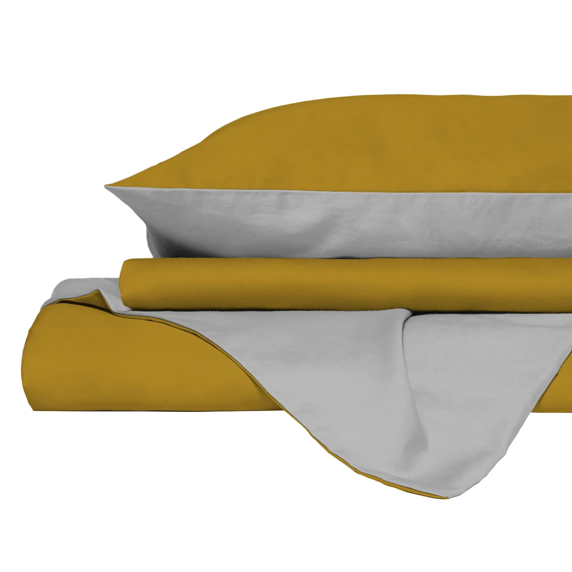 Italian Bed Linen Set Copripiumino 100% Cotone, Piazza e Mezza, 200x200 cm, Senape/Grigio Chiaro - immagine 9