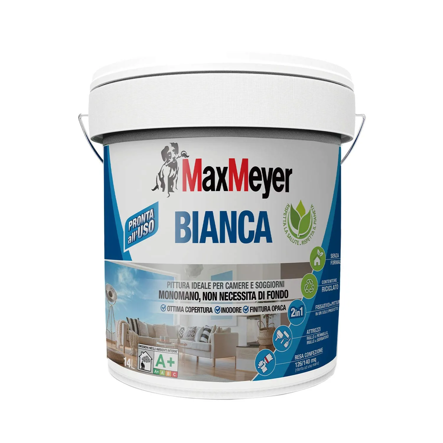 MaxMeyer Pittura per interni, Bianca Lavabile Monomano 2 in 1, 14 l - immagine 1