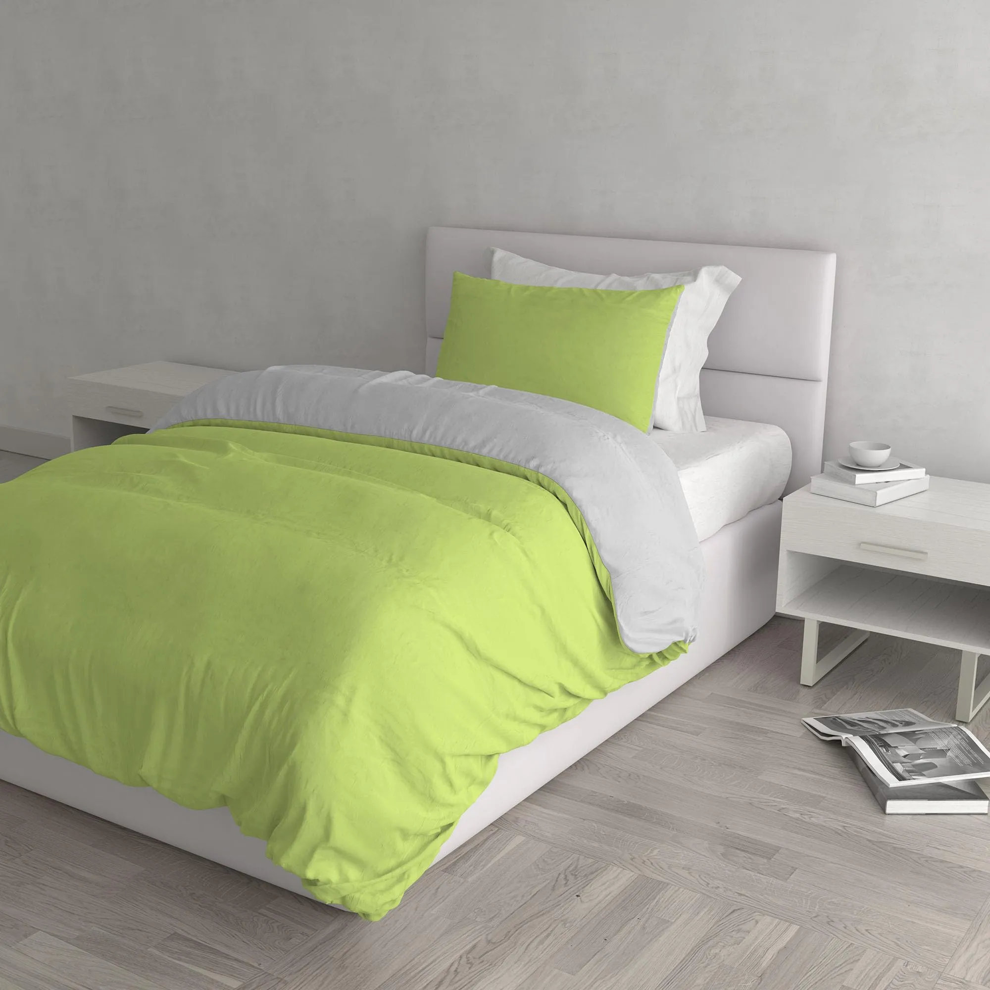 Italian Bed Linen Set Copripiumino 100% Cotone, 200x200 cm, Piazza e Mezza, Verde Acido/Grigio Chiaro - immagine 1