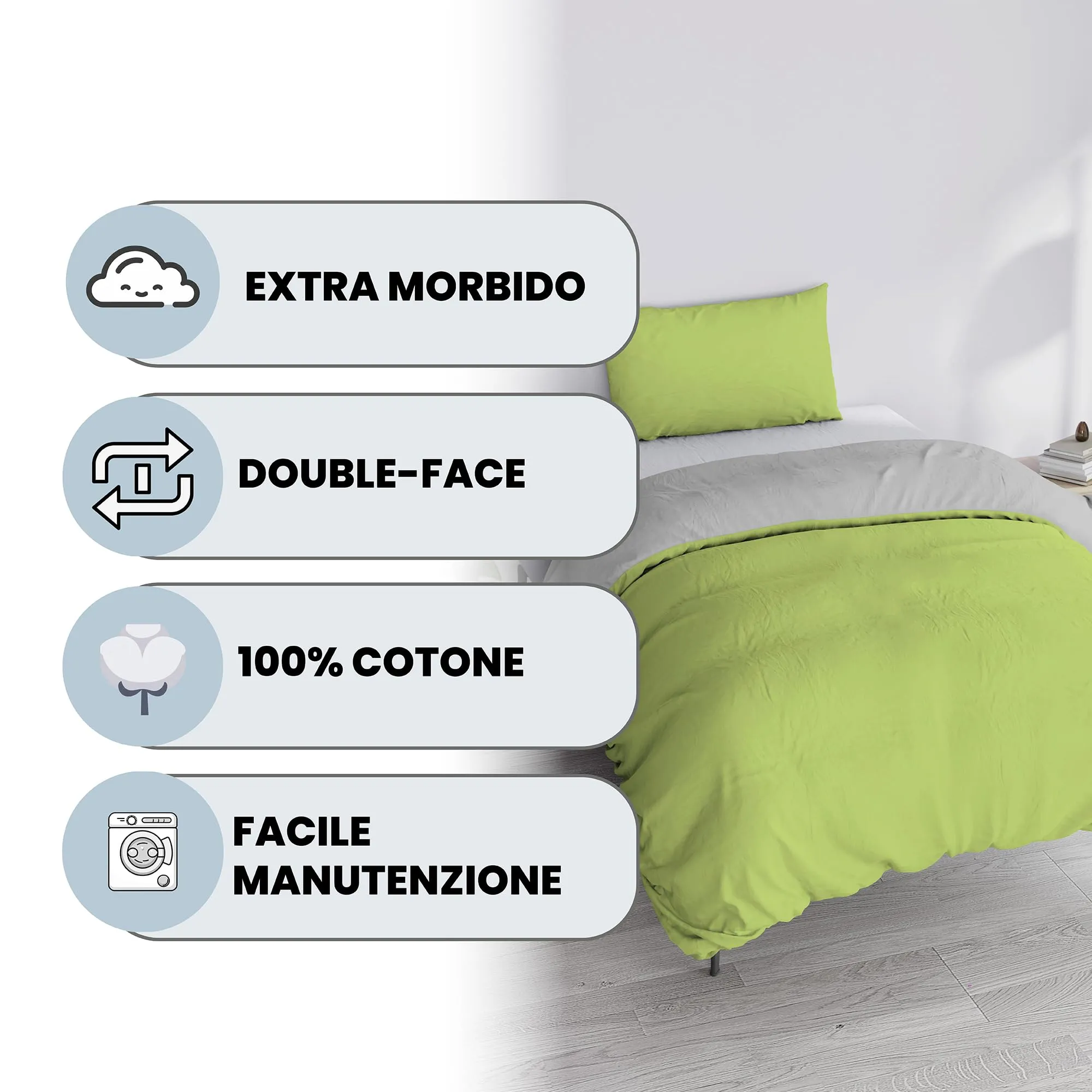 Italian Bed Linen Set Copripiumino 100% Cotone, 200x200 cm, Piazza e Mezza, Verde Acido/Grigio Chiaro - immagine 2