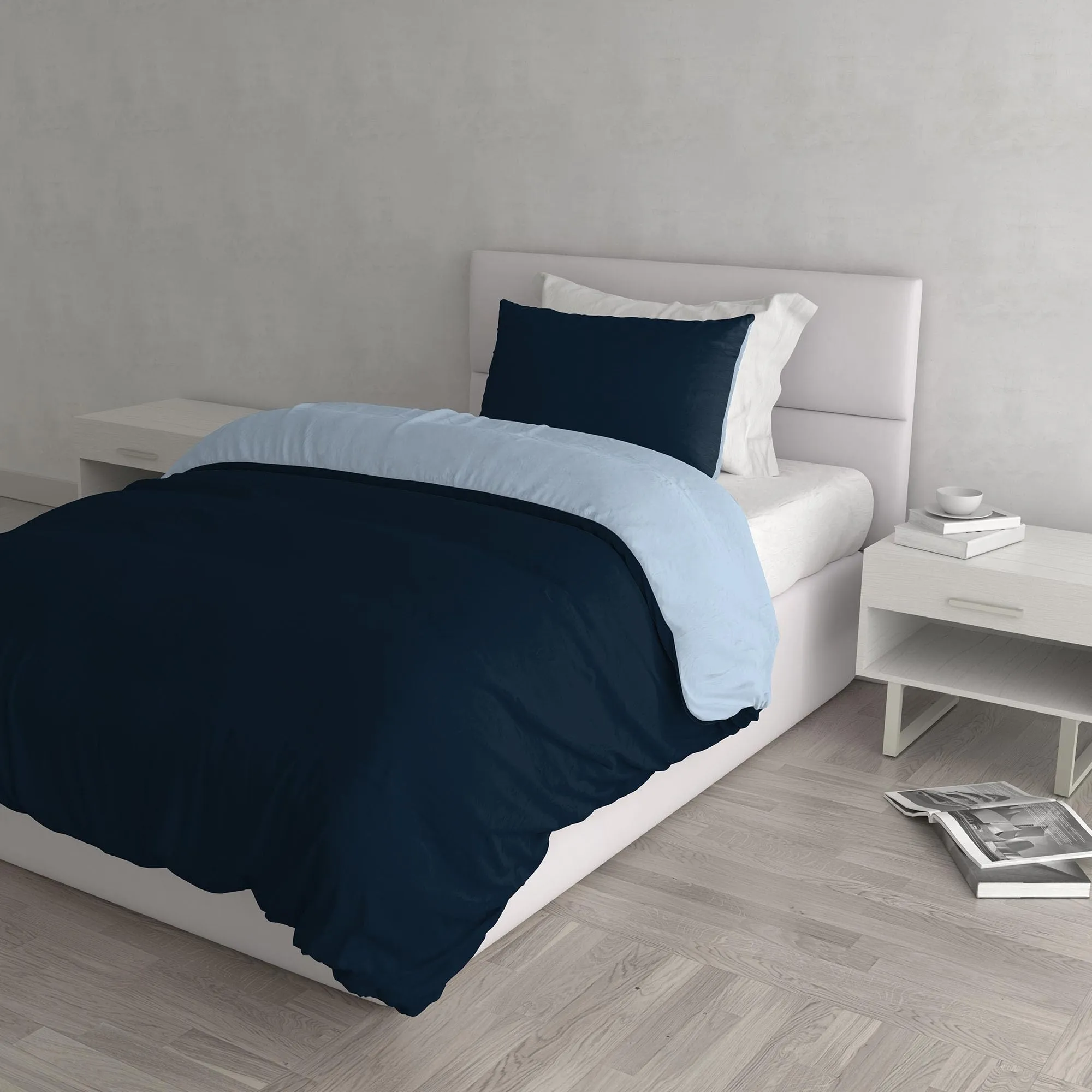Italian Bed Linen Set Copripiumino 100% Cotone, Singolo, 150x200 cm, Blu Scuro/Azzurro - immagine 1