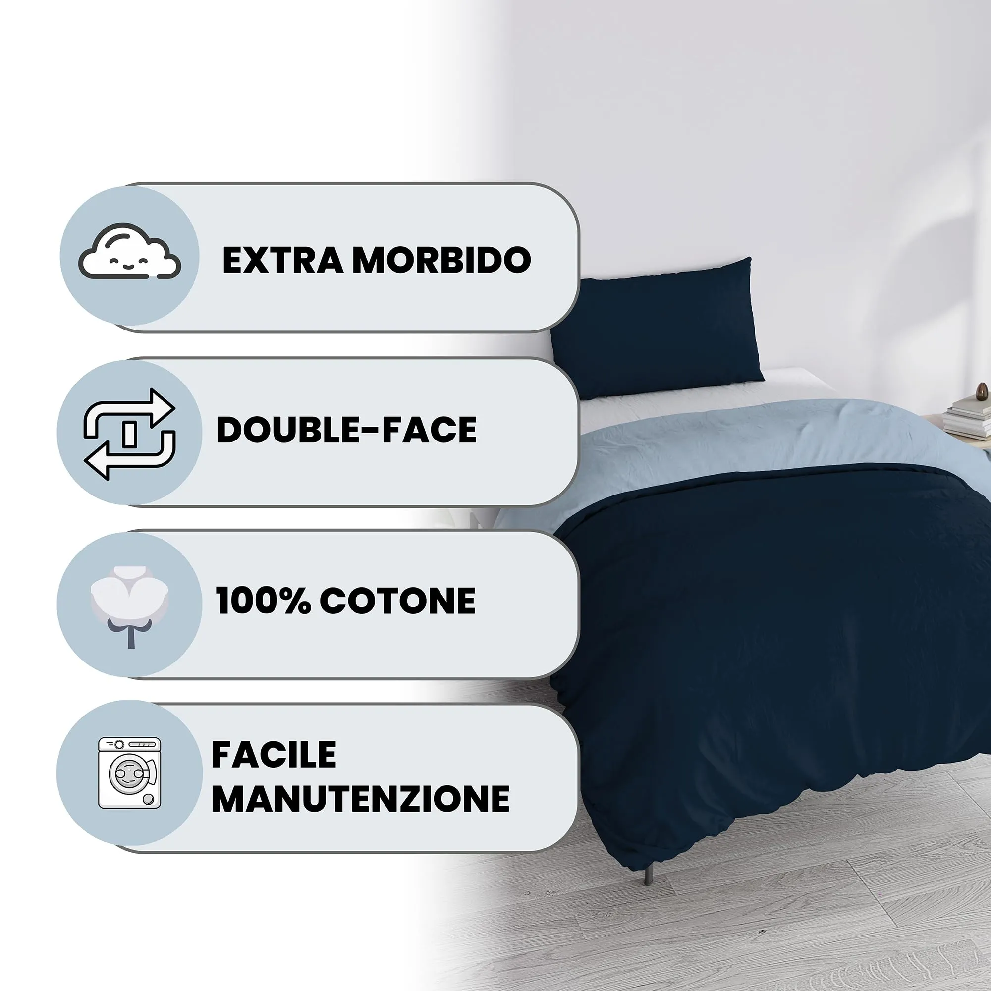 Italian Bed Linen Set Copripiumino 100% Cotone, Singolo, 150x200 cm, Blu Scuro/Azzurro - immagine 2