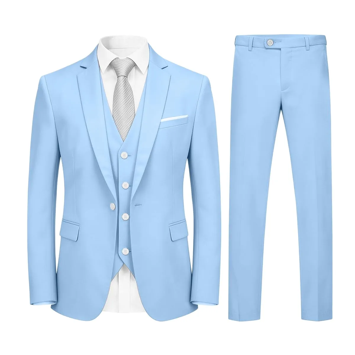 YOUTHUP Abito Uomo 3 Pezzi Slim Fit Blazer Panciotto Pantaloni - Azzurro - XXL - immagine 1