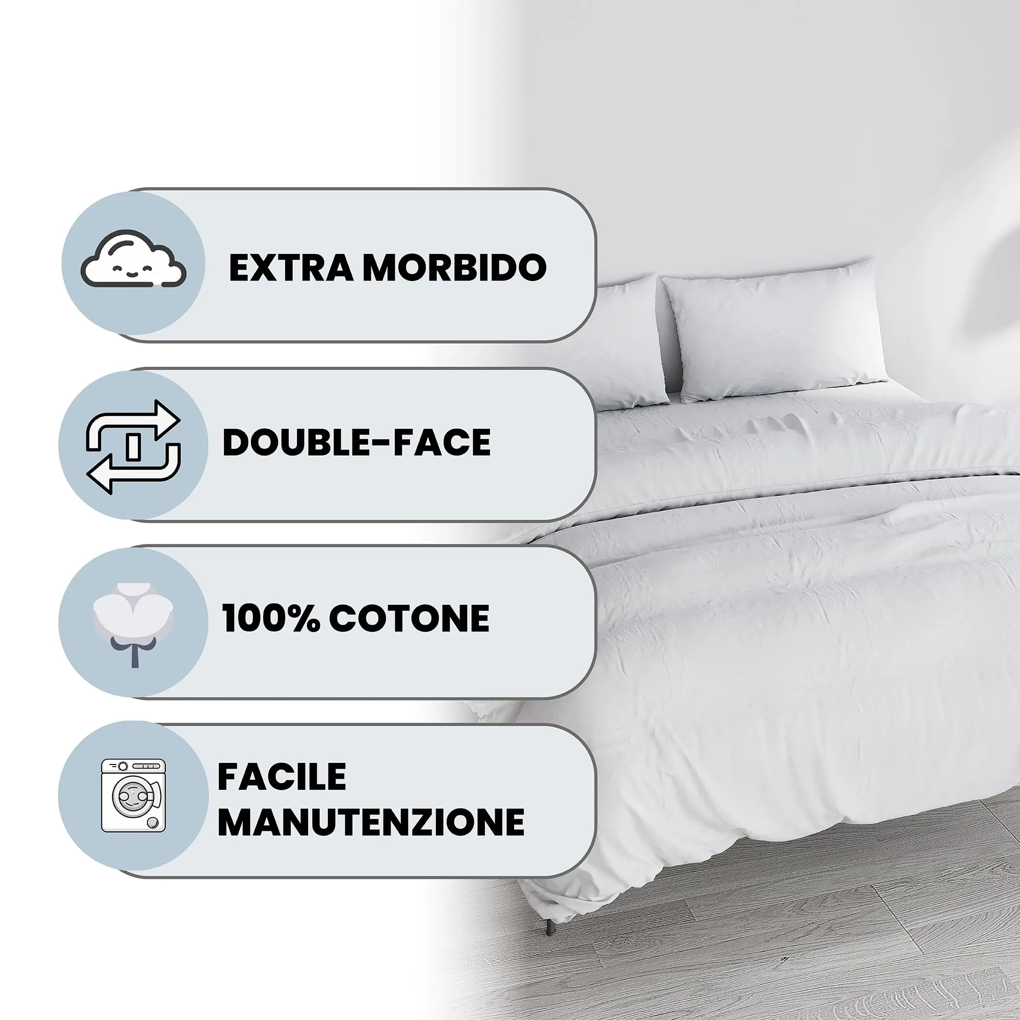 Italian Bed Linen Set Copripiumino 100% Cotone, Matrimoniale, 250x200 cm, Bianco/Bianco - immagine 2