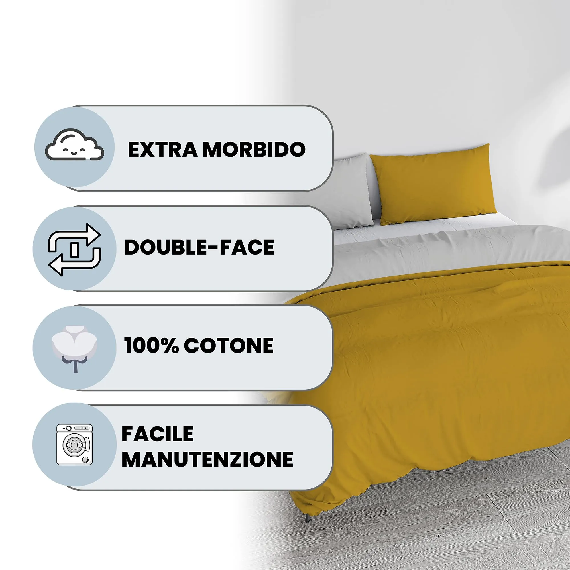 Italian Bed Linen Set Copripiumino 100% Cotone Matrimoniale 250x200 cm, Senape/Grigio Chiaro - immagine 2