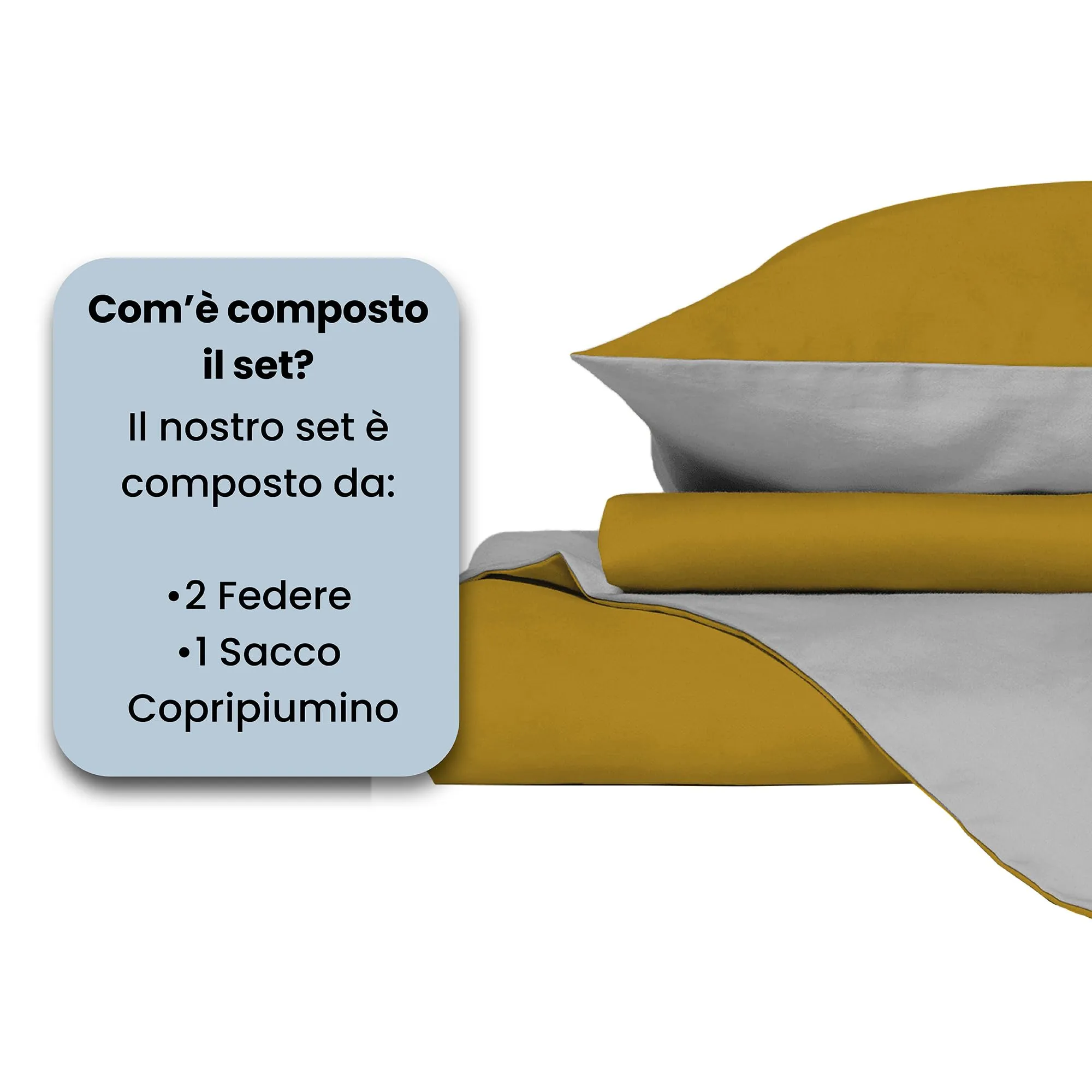 Italian Bed Linen Set Copripiumino 100% Cotone Matrimoniale 250x200 cm, Senape/Grigio Chiaro - immagine 4
