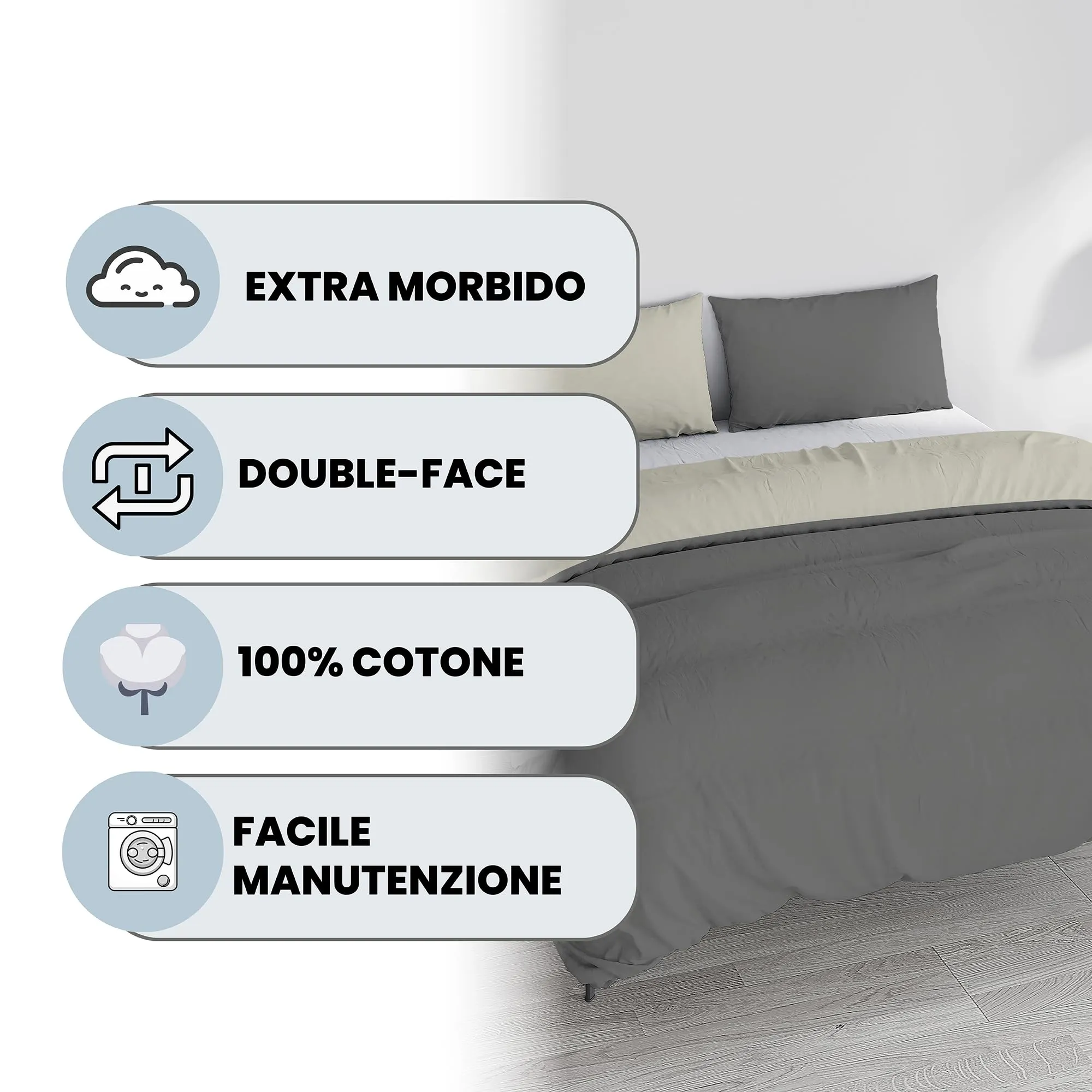 Italian Bed Linen Set Copripiumino 100% Cotone, Matrimoniale, 250x200 cm, Grigio Scuro/Panna - immagine 2