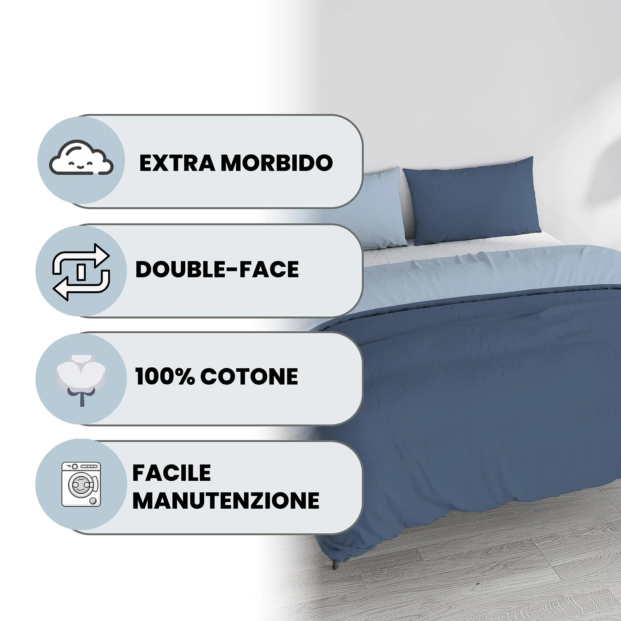 Italian Bed Linen Set Copripiumino 100% Cotone, Matrimoniale, 250x200 cm, Avio/Azzurro - immagine 2