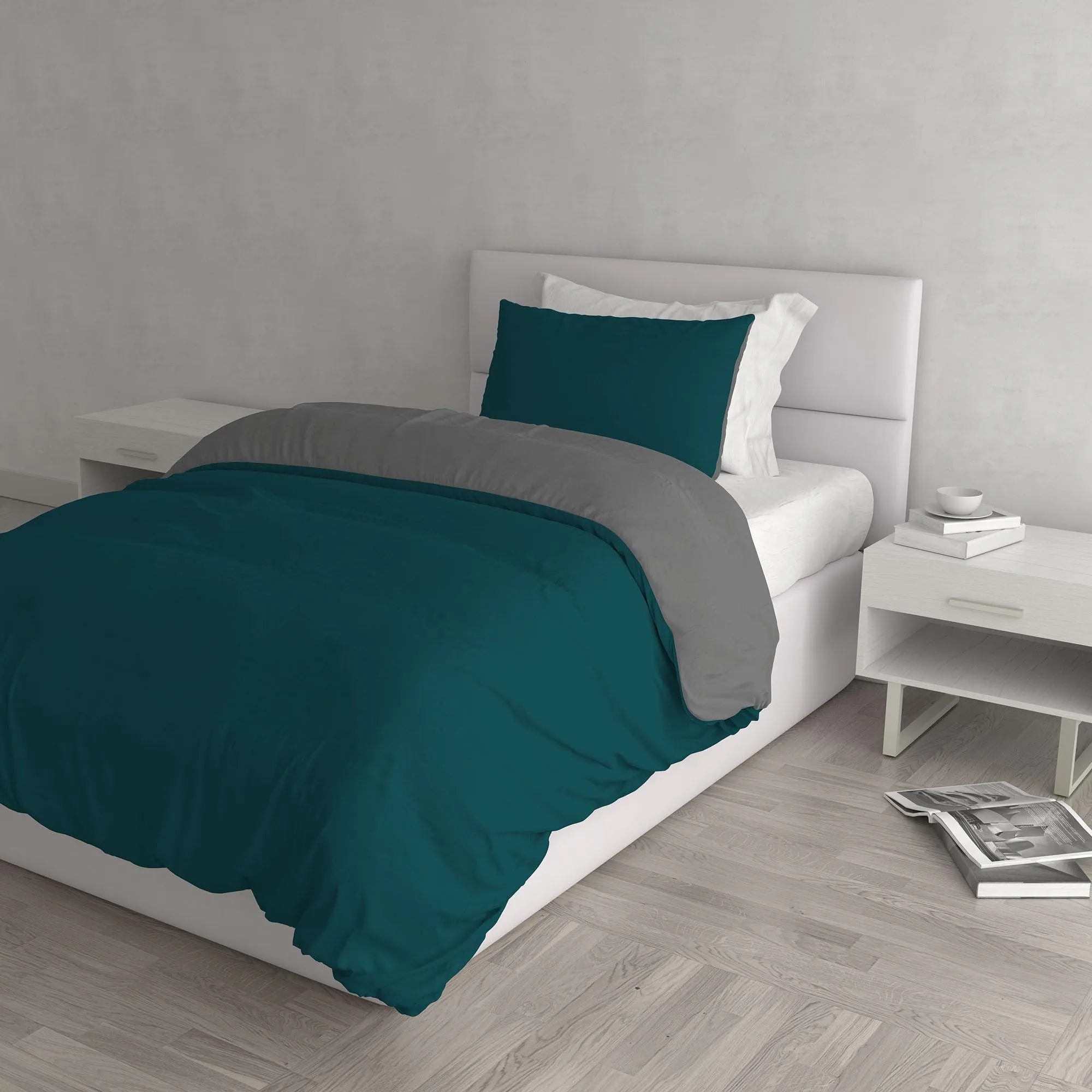 Italian Bed Linen Set Copripiumino 100% Cotone, Piazza e Mezza, 200x200 cm, Verde Petrolio/Grigio Scuro - immagine 1