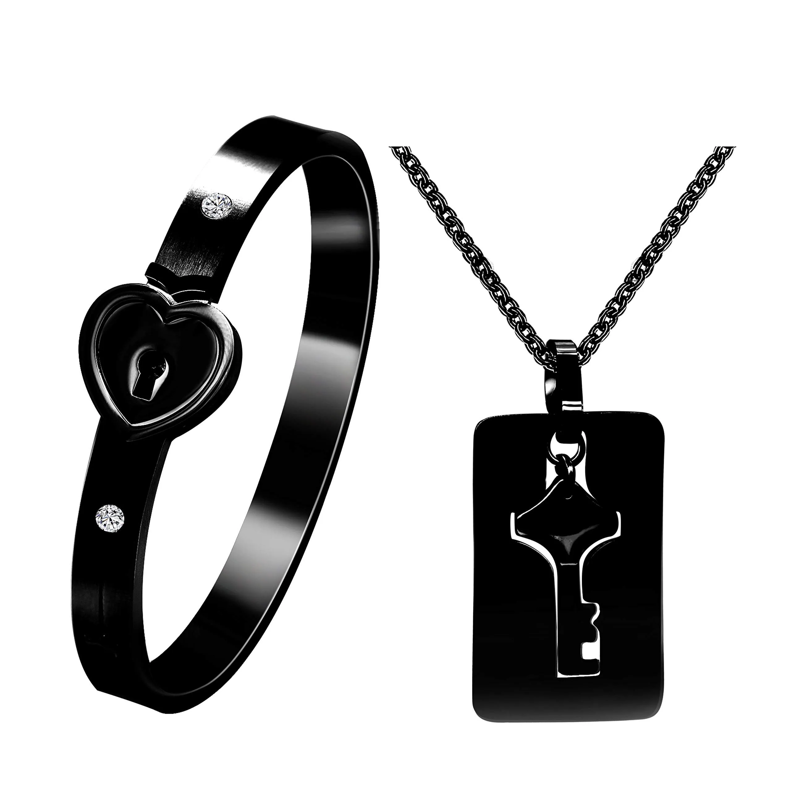 Uloveido Set Coordinato per Coppia Bracciale in Titanio con Blocco a Cuore e Collana con Pendente a Chiave Scudo, Nero (2,4 pollici) - immagine 1