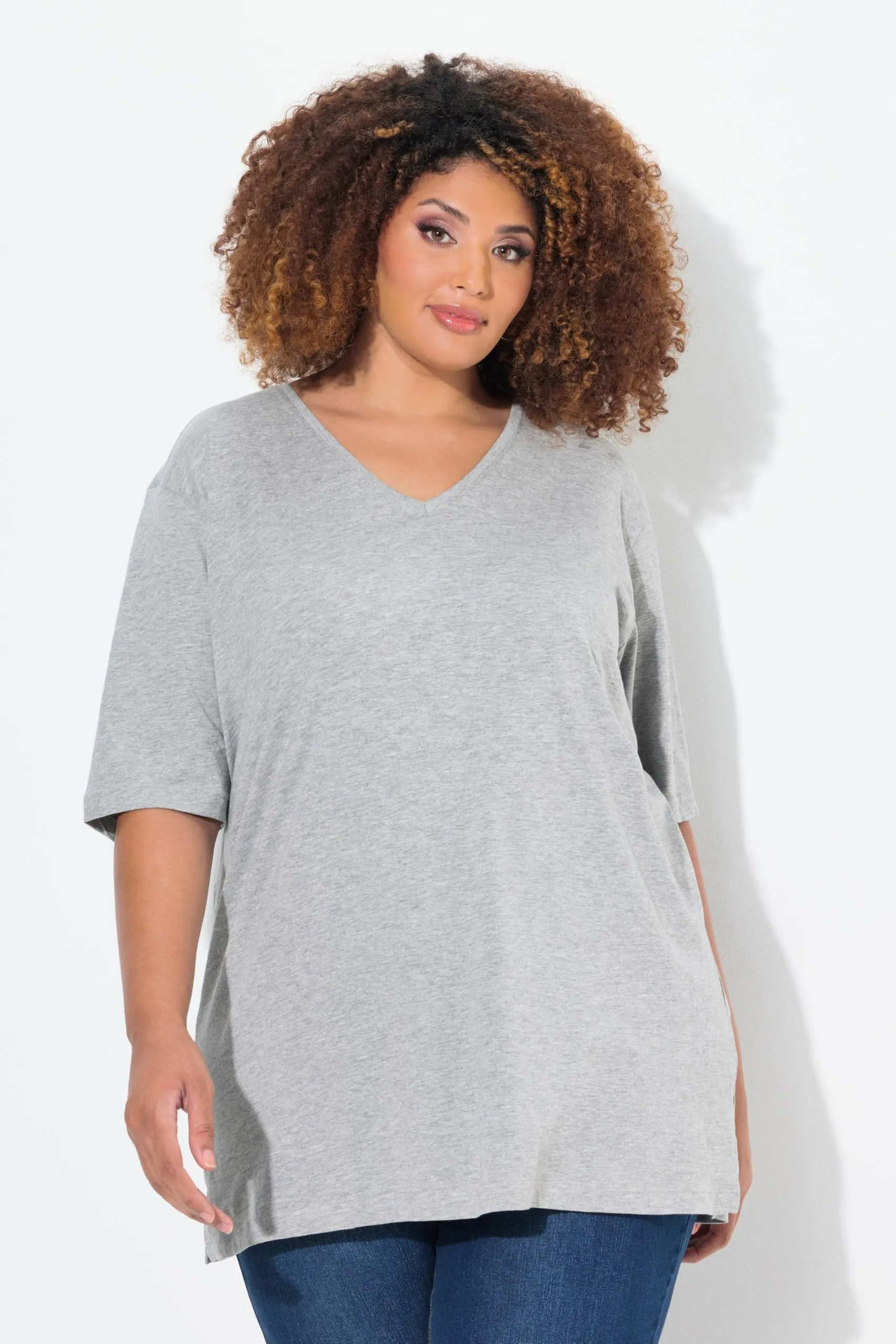 Ulla Popken Maglietta Basic Scollo a V Mezza Manica Donna, Grigio Chiaro Mélange, 64-66 - immagine 6