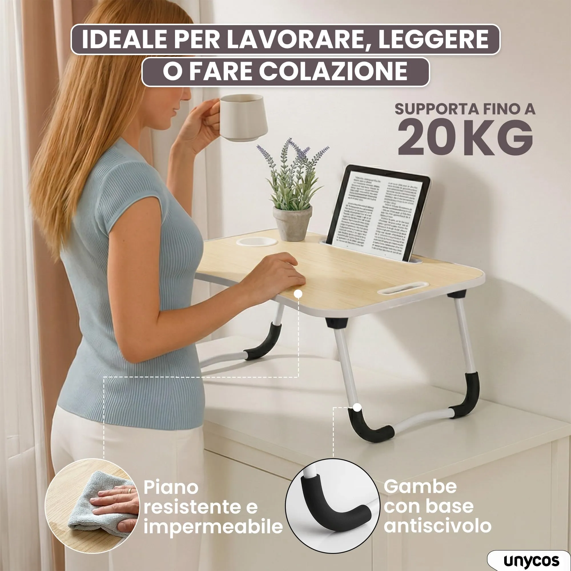 unycos Tavolino Pieghevole da Letto 60x40x26 cm, Legno, senza Cassetto - immagine 2