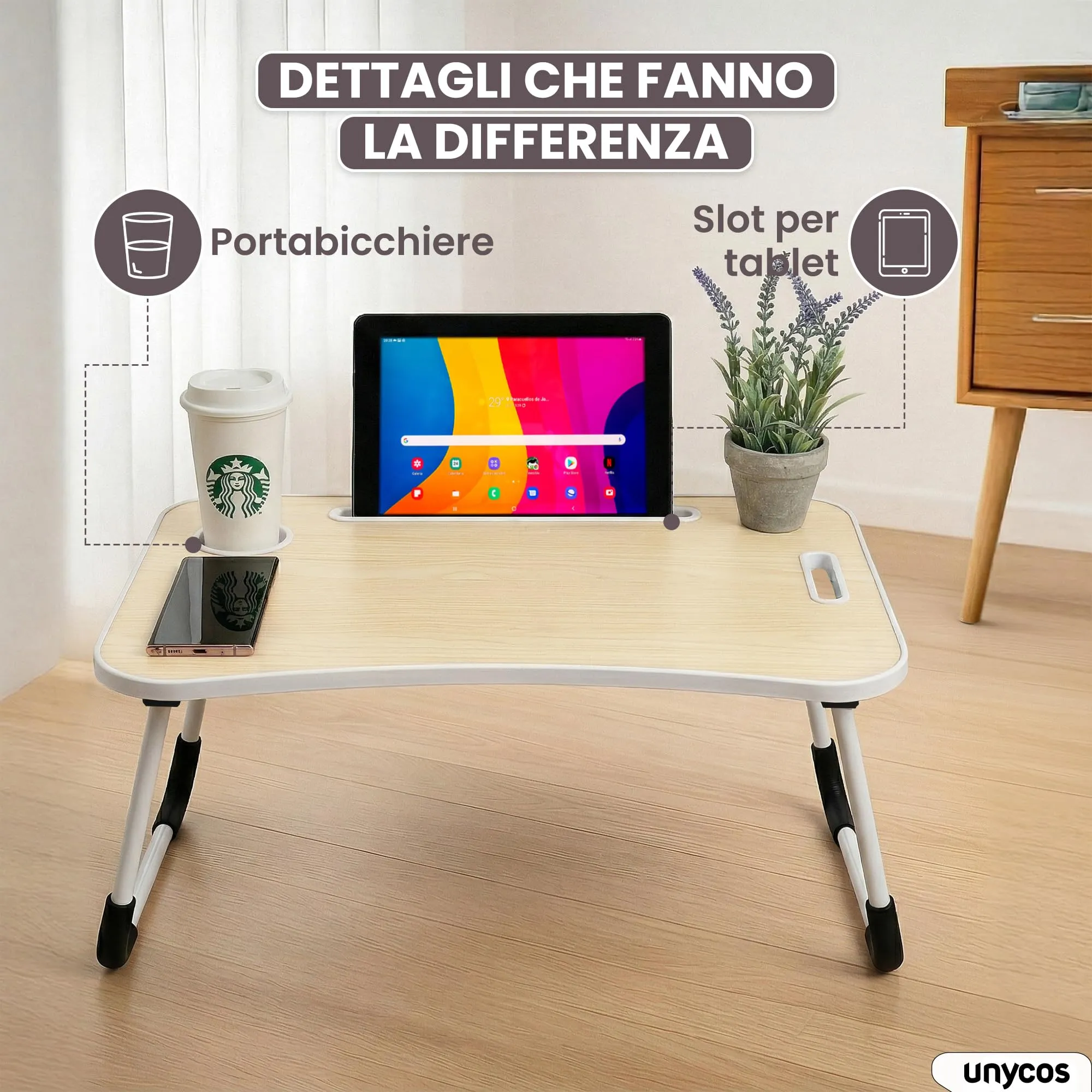 unycos Tavolino Pieghevole da Letto 60x40x26 cm, Legno, senza Cassetto - immagine 4
