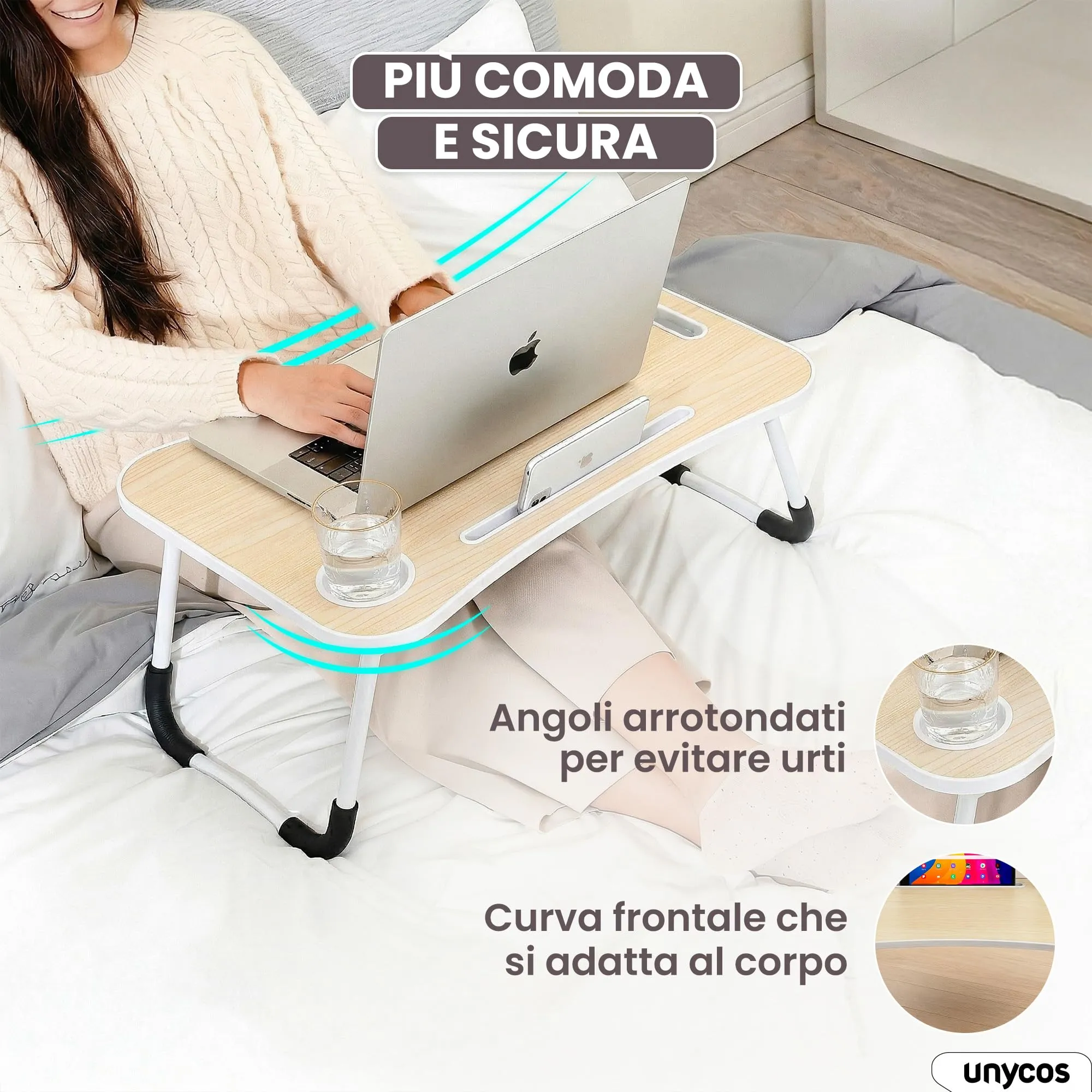 unycos Tavolino Pieghevole da Letto 60x40x26 cm, Legno, senza Cassetto - immagine 5