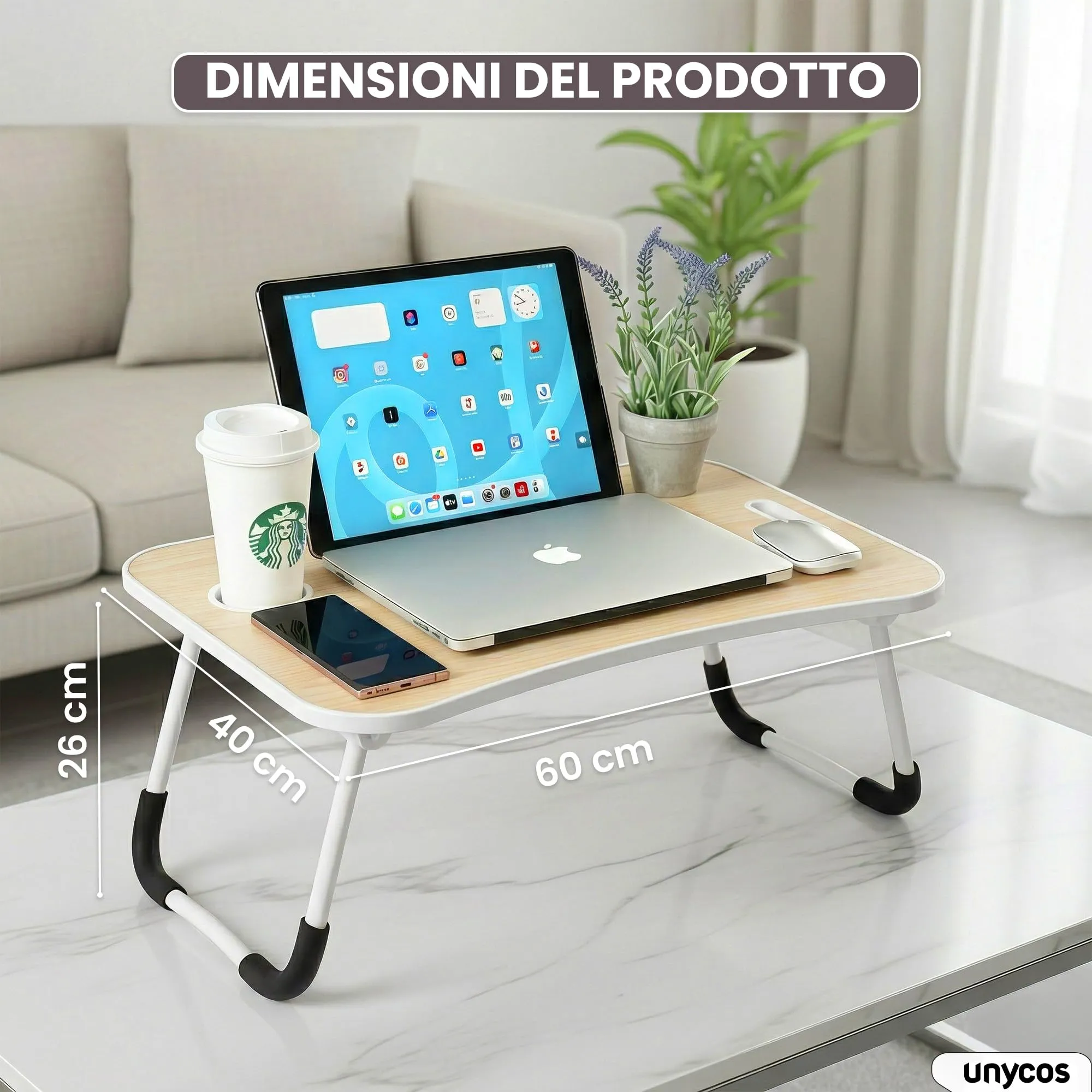 unycos Tavolino Pieghevole da Letto 60x40x26 cm, Legno, senza Cassetto - immagine 7