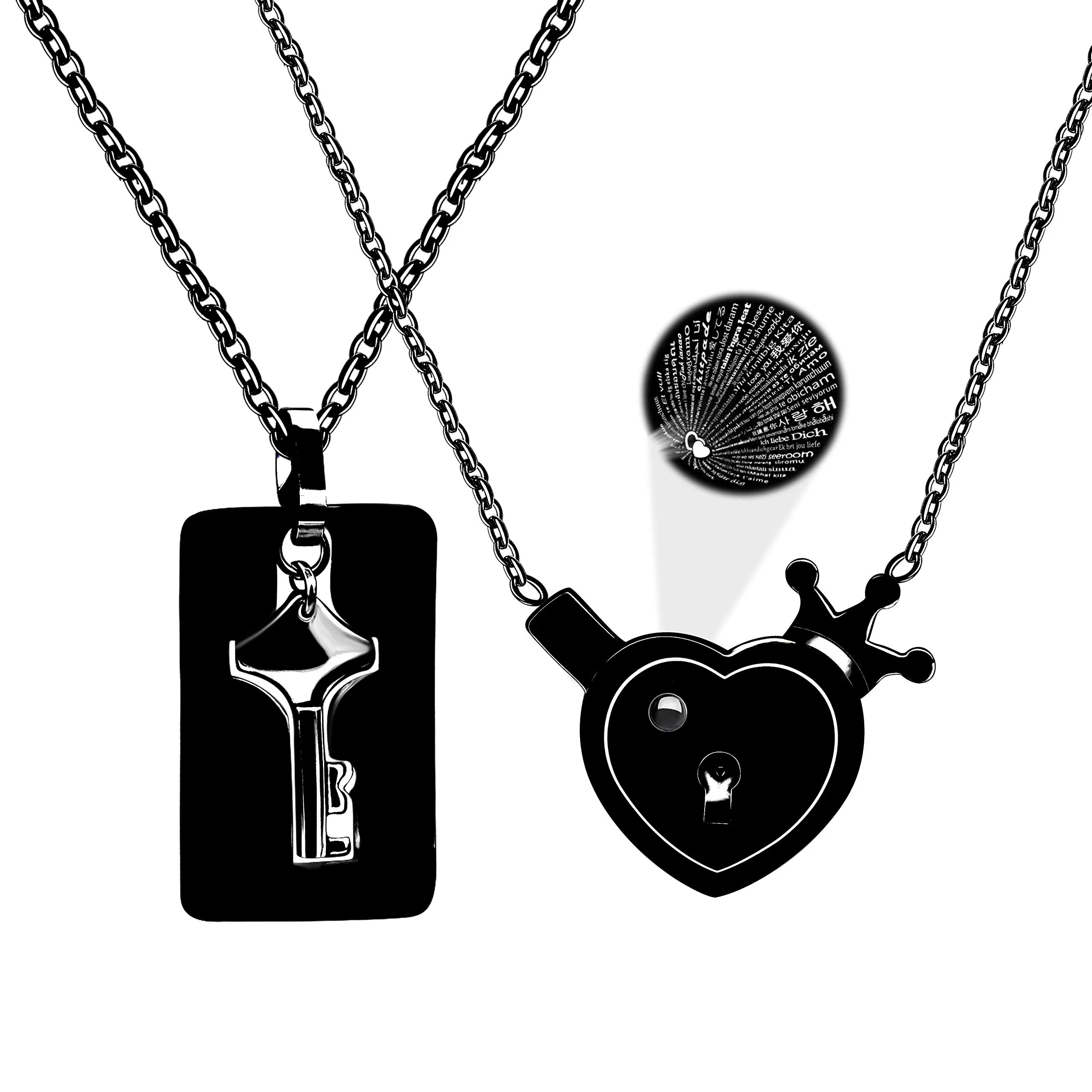 Uloveido 100 Lingue I Love You Projection Necklace Set, Heart Crown Lock & Shield Key Pendant Y1129 (Nero) - immagine 1