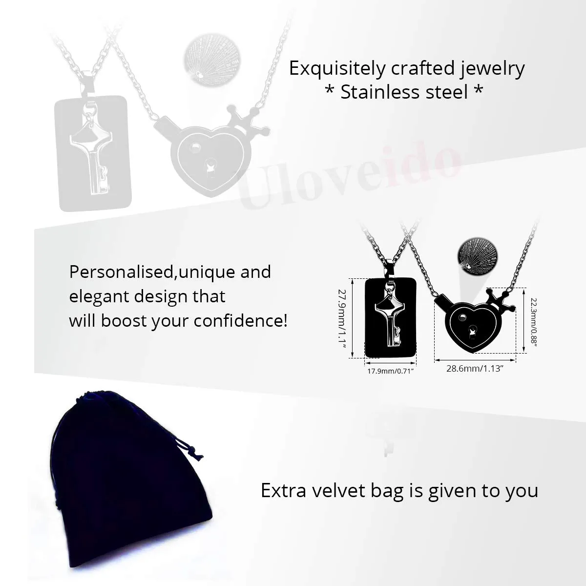 Uloveido 100 Lingue I Love You Projection Necklace Set, Heart Crown Lock & Shield Key Pendant Y1129 (Nero) - immagine 7