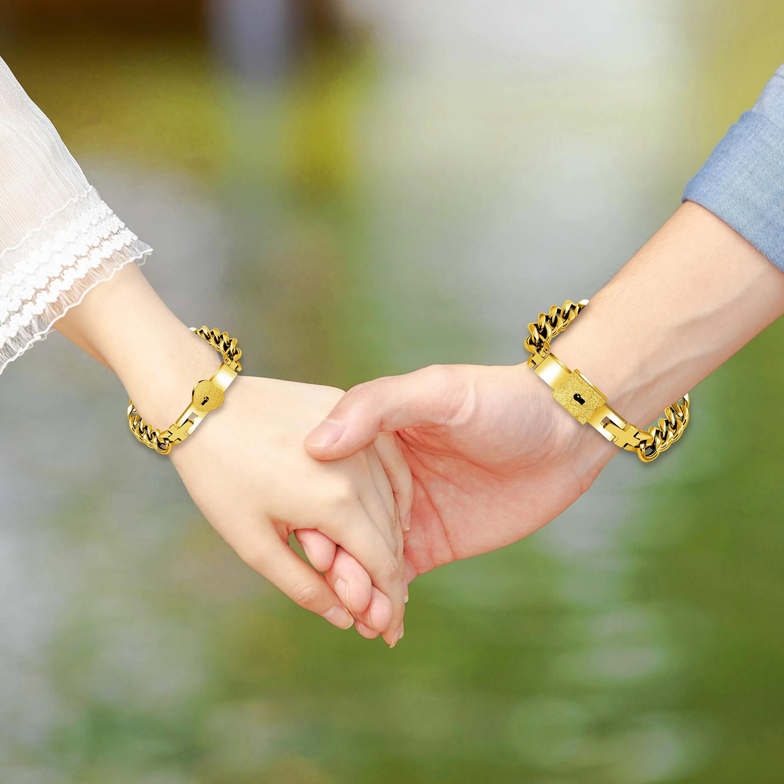Uloveido Braccialetti a catena cubana con lucchetto a cuore quadrato placcato oro per coppie Y853 - immagine 2
