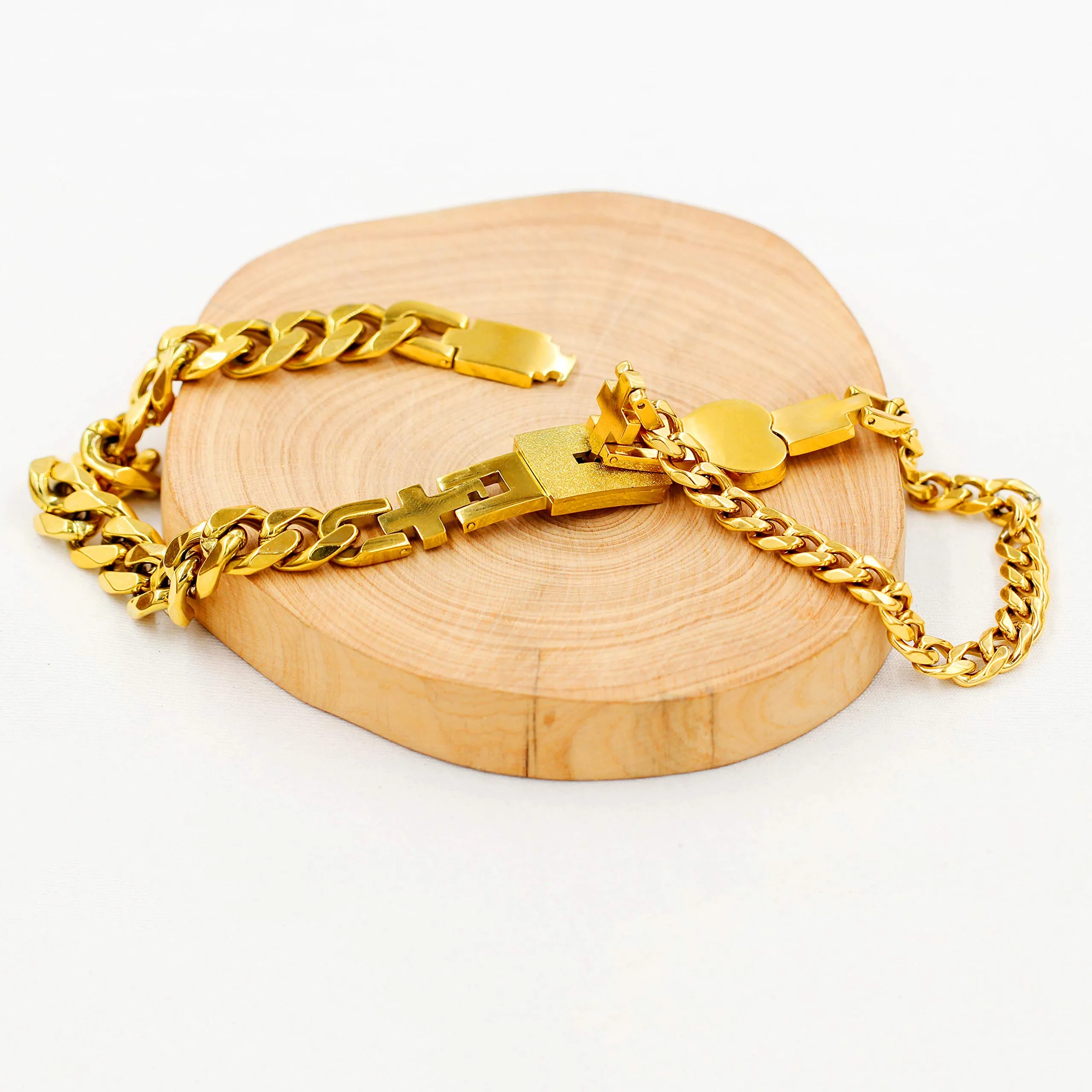 Uloveido Braccialetti a catena cubana con lucchetto a cuore quadrato placcato oro per coppie Y853 - immagine 5