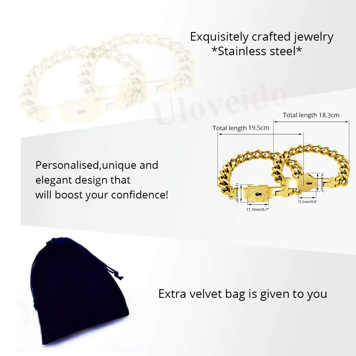 Uloveido Braccialetti a catena cubana con lucchetto a cuore quadrato placcato oro per coppie Y853 - immagine 6