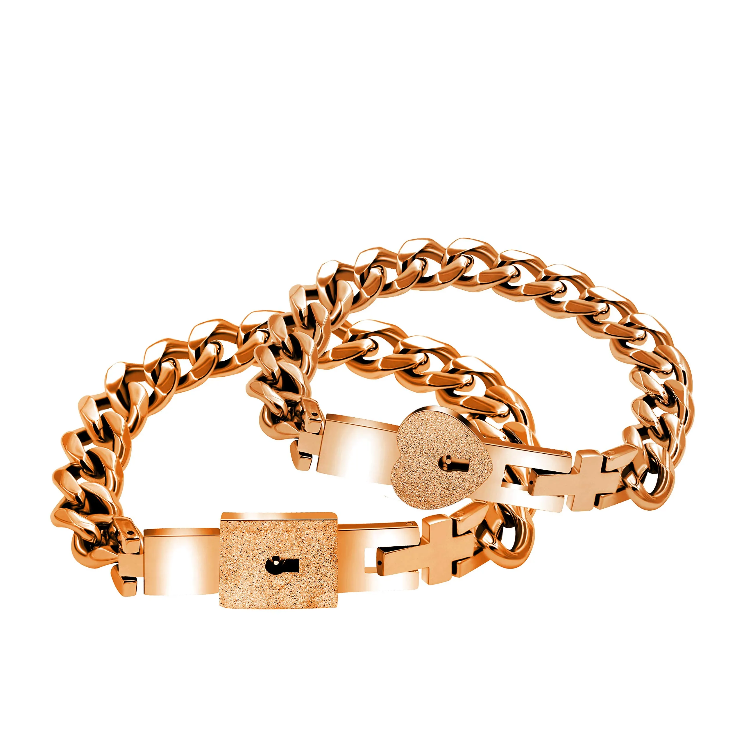 Uloveido Braccialetti rigidi quadrati a catena cubana con lucchetto a cuore per coppie Y853, Oro Rosa - immagine 1