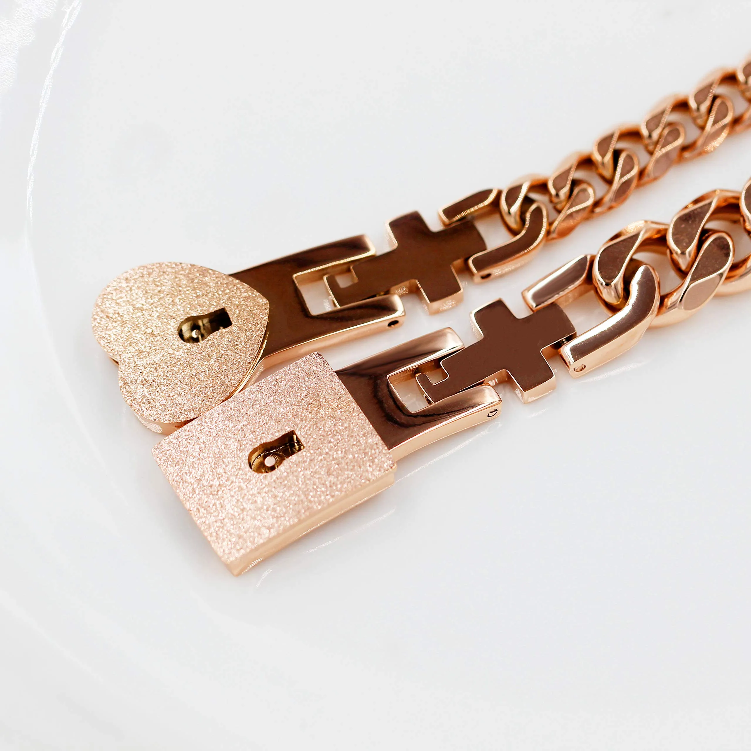 Uloveido Braccialetti rigidi quadrati a catena cubana con lucchetto a cuore per coppie Y853, Oro Rosa - immagine 3