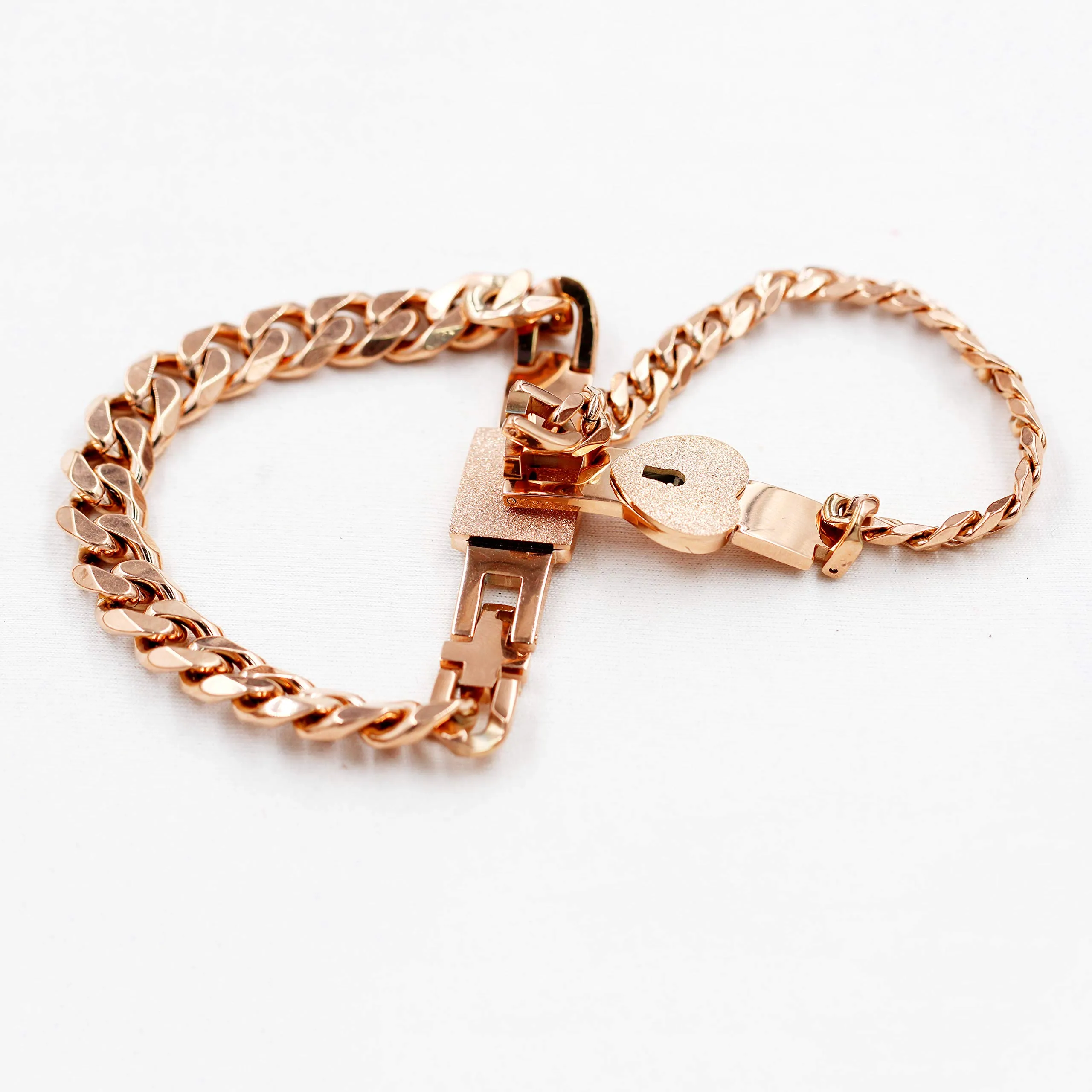 Uloveido Braccialetti rigidi quadrati a catena cubana con lucchetto a cuore per coppie Y853, Oro Rosa - immagine 4