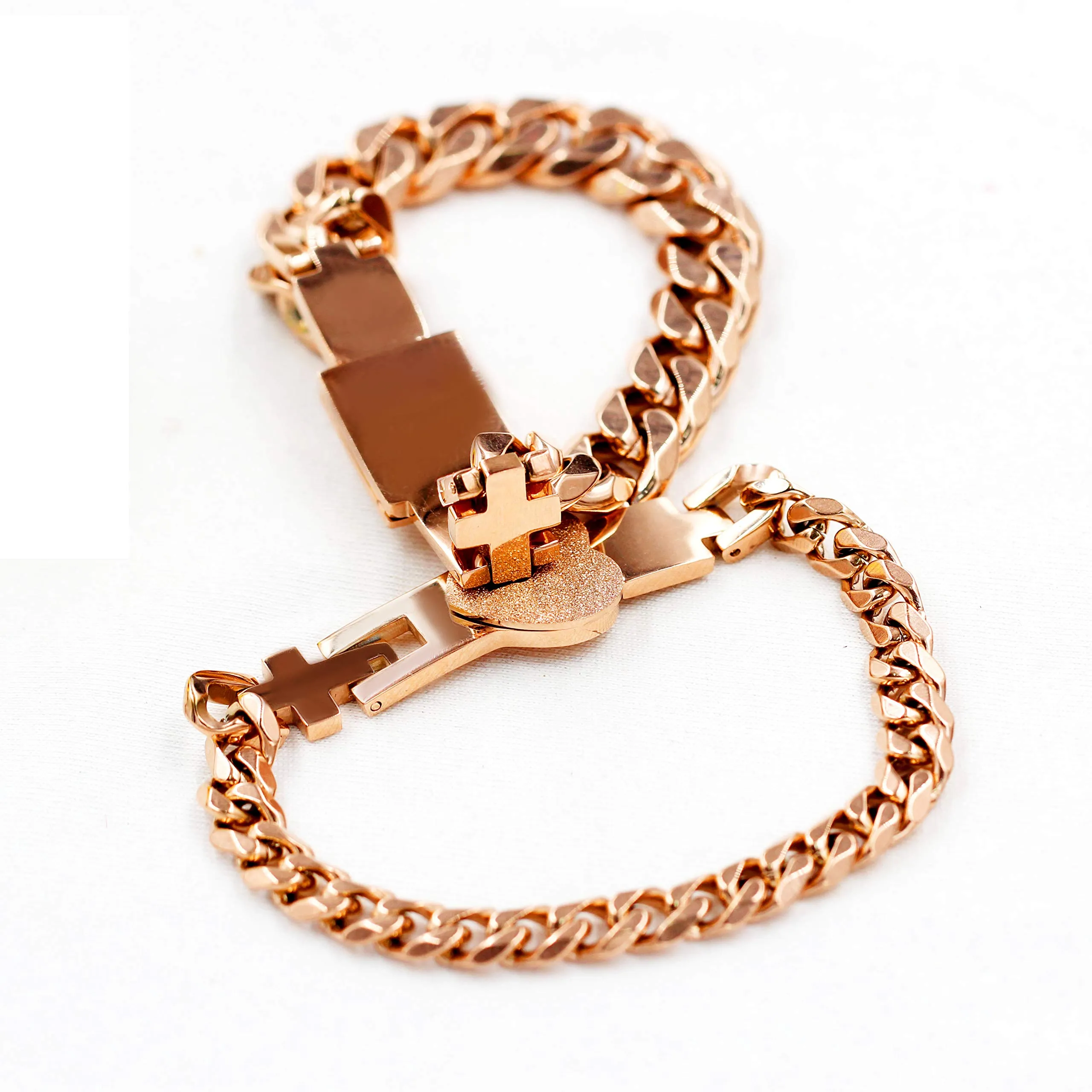 Uloveido Braccialetti rigidi quadrati a catena cubana con lucchetto a cuore per coppie Y853, Oro Rosa - immagine 5
